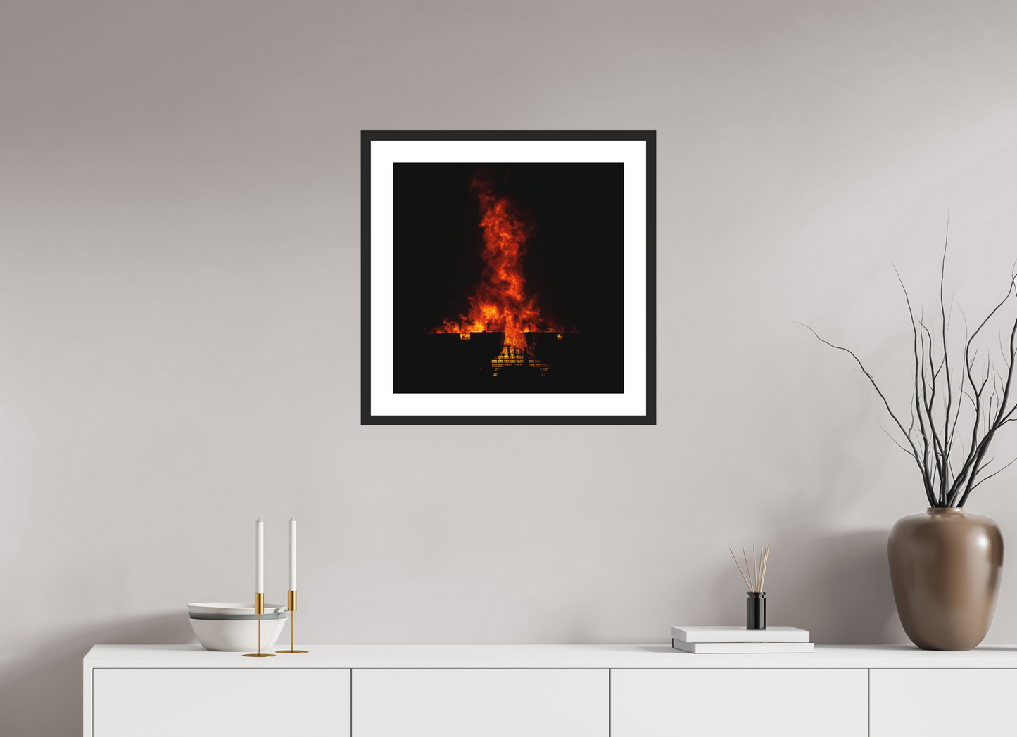 20 x 20″, Solid 0.8" Black Wood Frame With 2" Natural White Passe-Partout with Museum Glass Burning Man - Flames