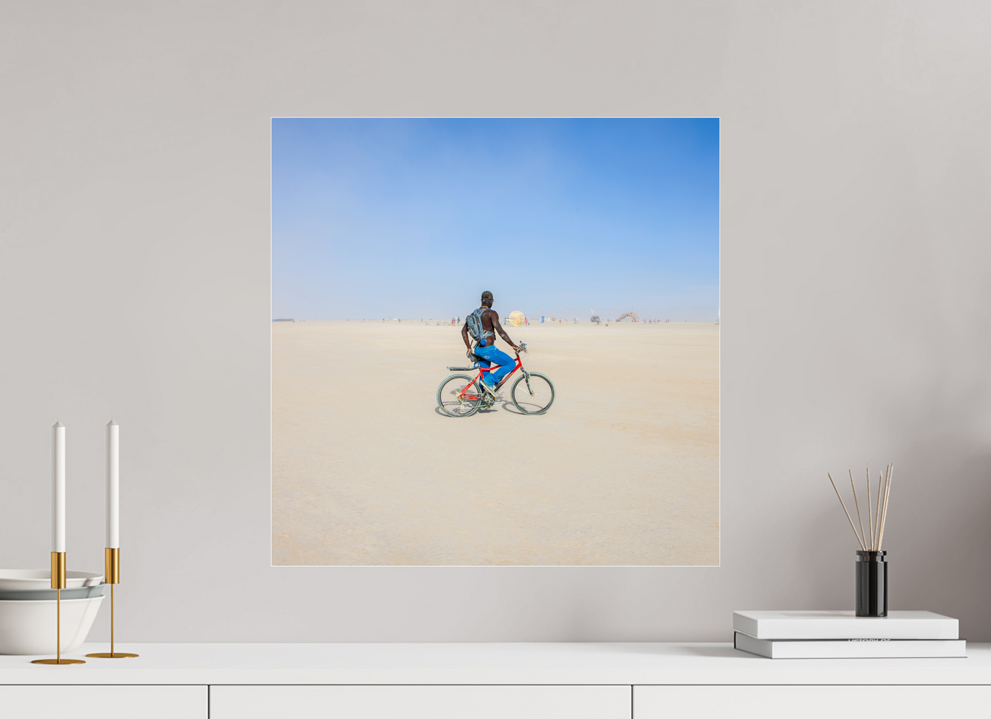 20 x 20″, Frameless Acrylic Glass Burning Man - Man on Red Bike