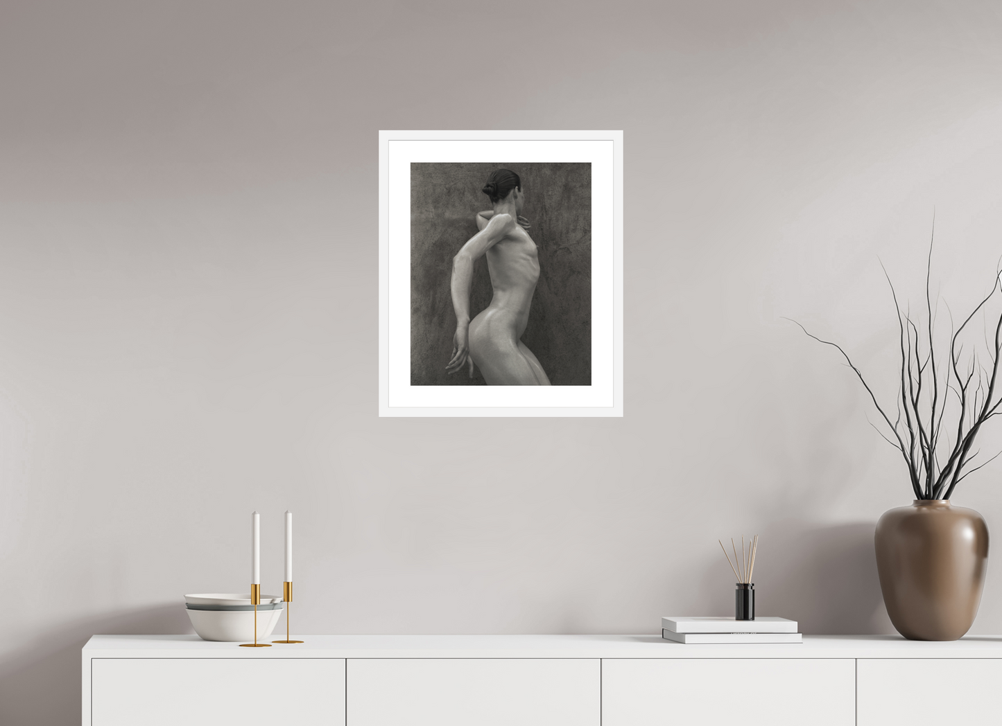 16 x 19.6″, Solid 0.8" White Wood Frame With 2" Natural White Passe-Partout with Museum Glass Nude No. 44