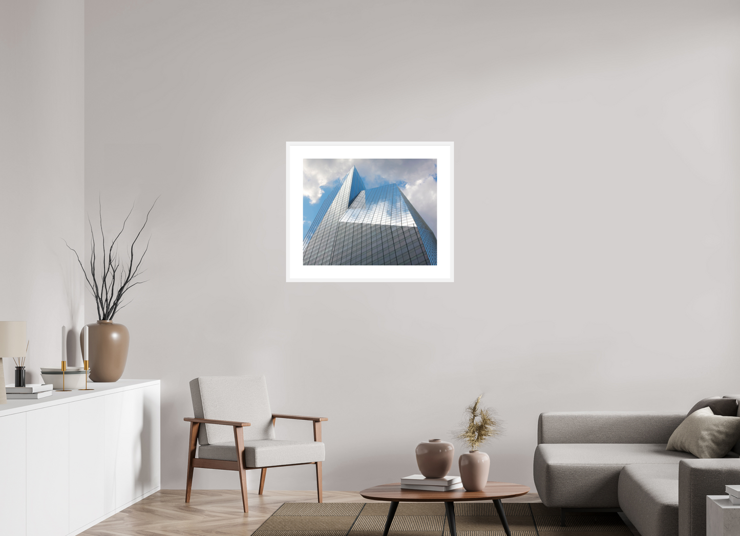 30 x 24″, Solid 0.8" White Wood Frame With 3" Natural White Passe-Partout with Museum Glass Bank of America Tower