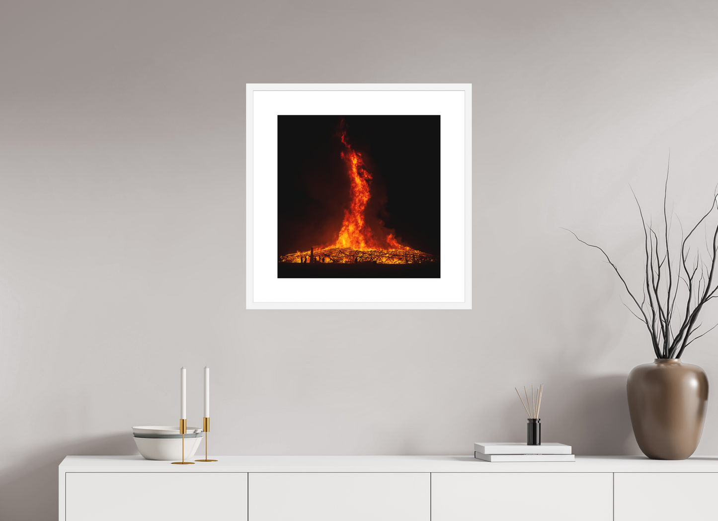 20 x 20″, Solid 0.8" White Wood Frame With 3" Natural White Passe-Partout with Museum Glass Burning Man - Temple Burn 2