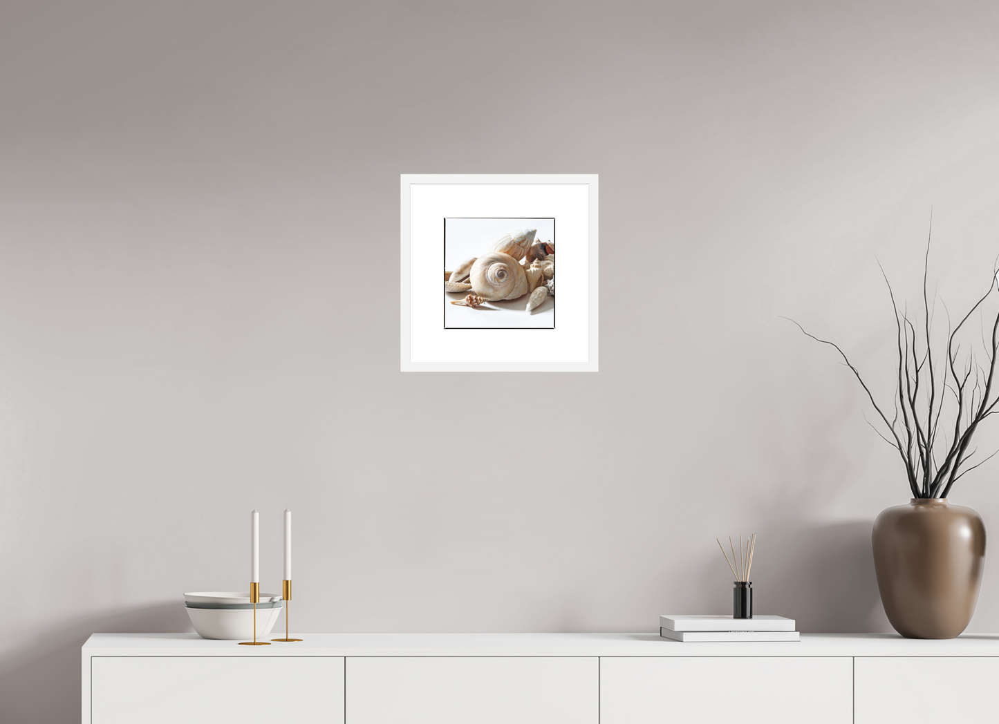 10 x 10″, Solid 0.8" White Wood Frame With 3" Natural White Passe-Partout with Museum Glass Sea Shells