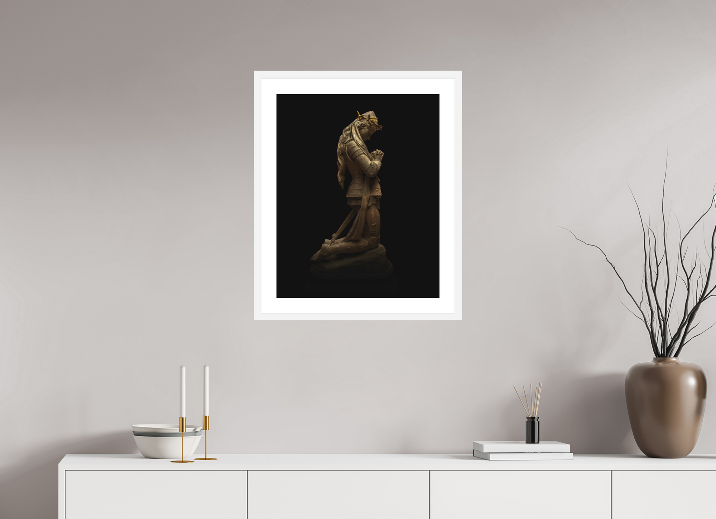 20 x 25″, Solid 0.8" White Wood Frame With 2" Natural White Passe-Partout with Museum Glass Joan of Arc Statue