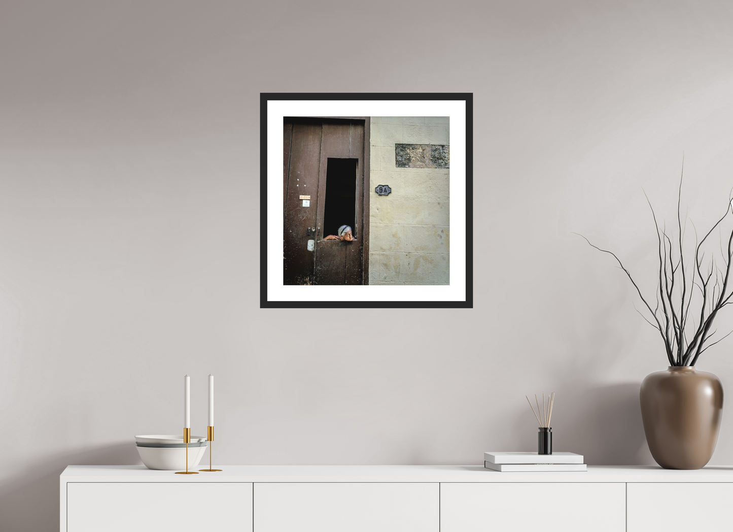 20 x 20.3″, Solid 0.8" Black Wood Frame With 2" Natural White Passe-Partout with Museum Glass Cuban Woman in Window, Havana