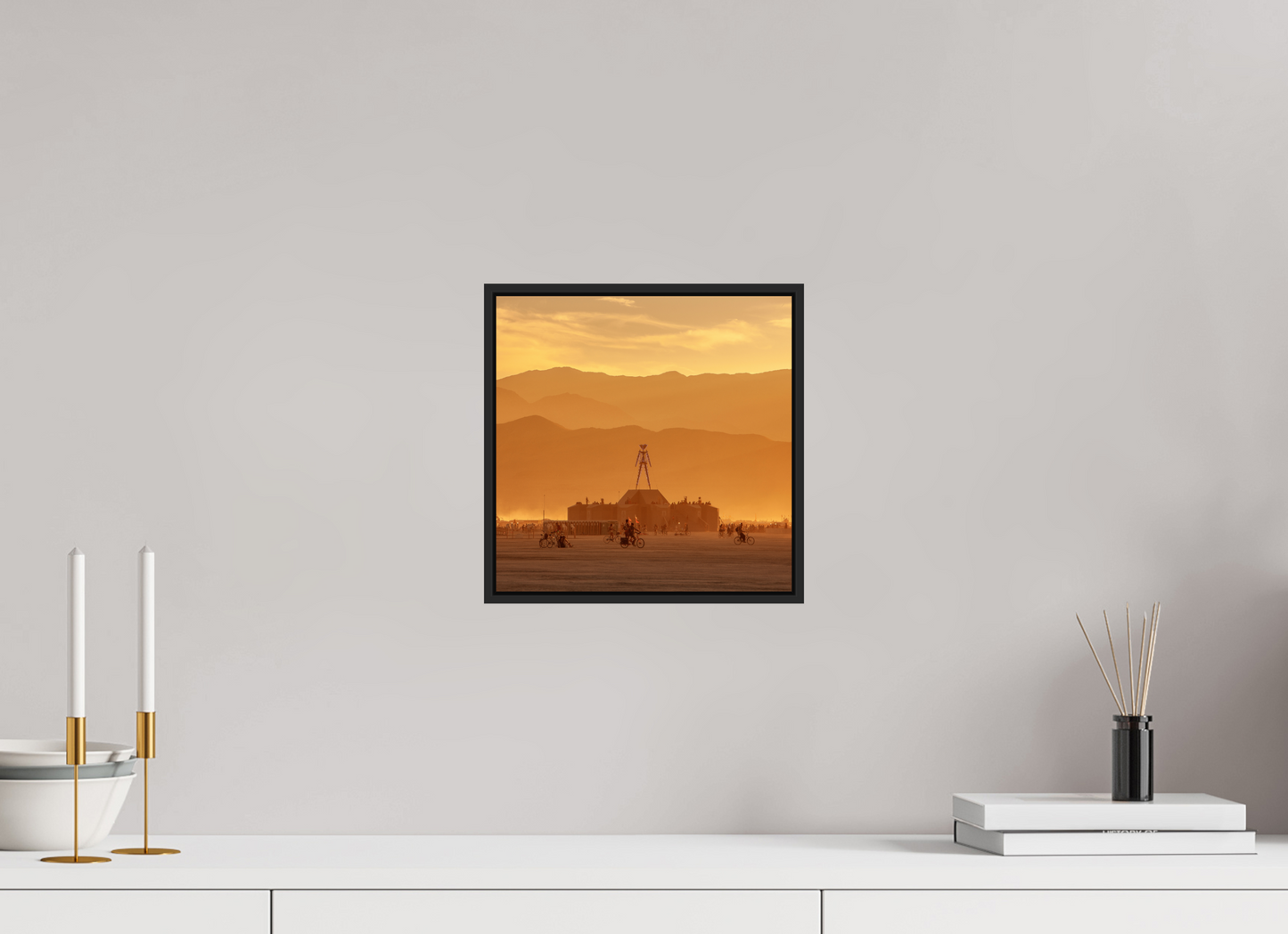 10 x 10″, Black Matte Frame, No Border Burning Man with Mountains