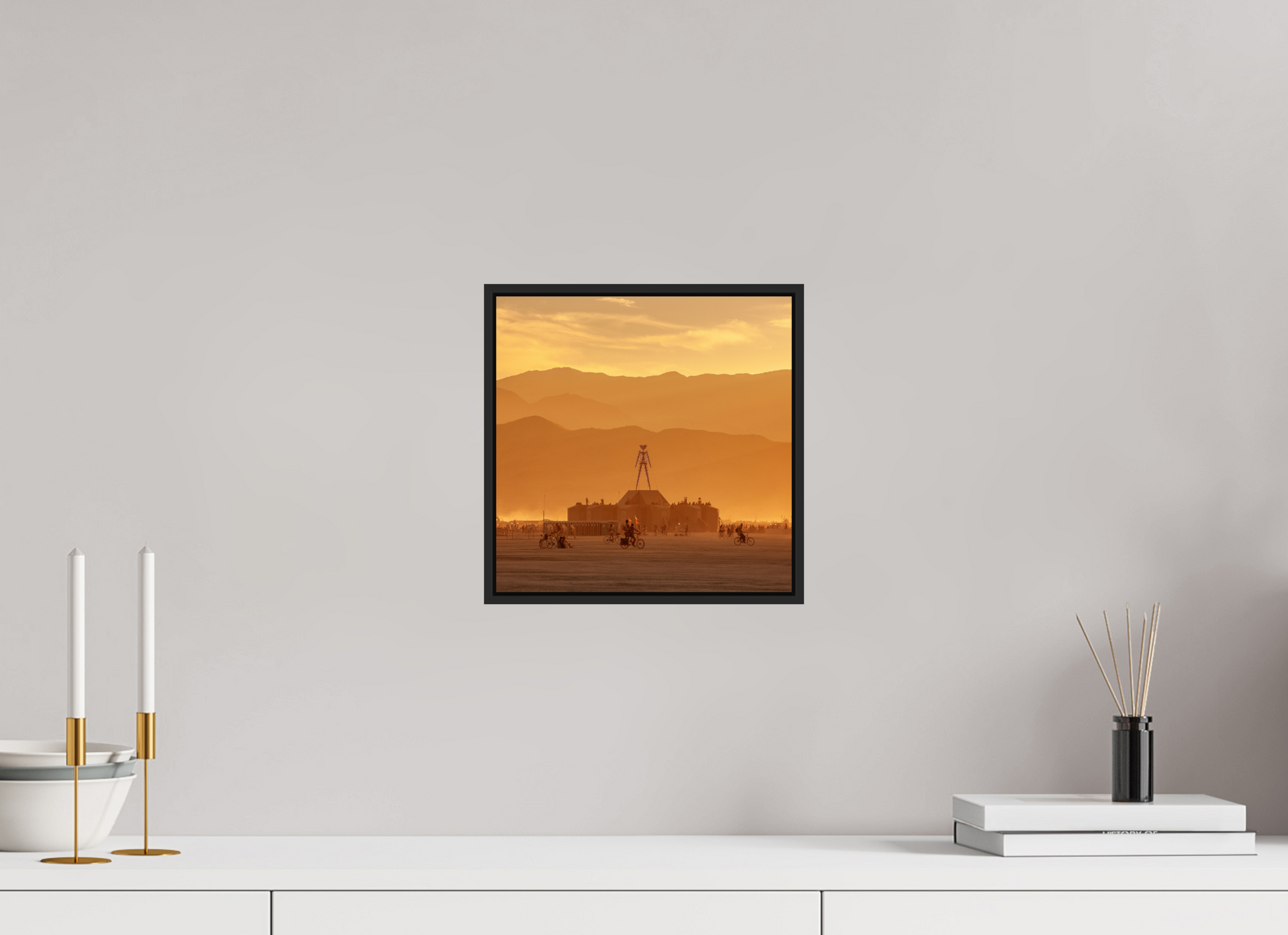10 x 10″, Black Matte Frame, No Border Burning Man with Mountains