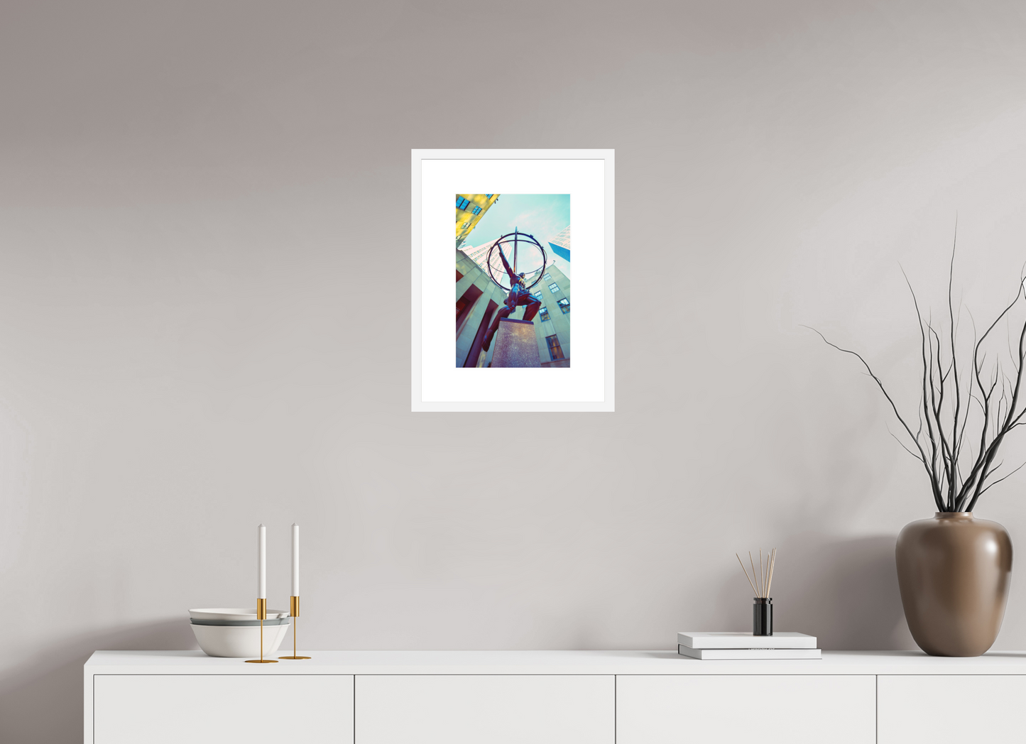 10 x 15″, Solid 0.8" White Wood Frame With 3" Natural White Passe-Partout with Museum Glass Atlas Statue, NY