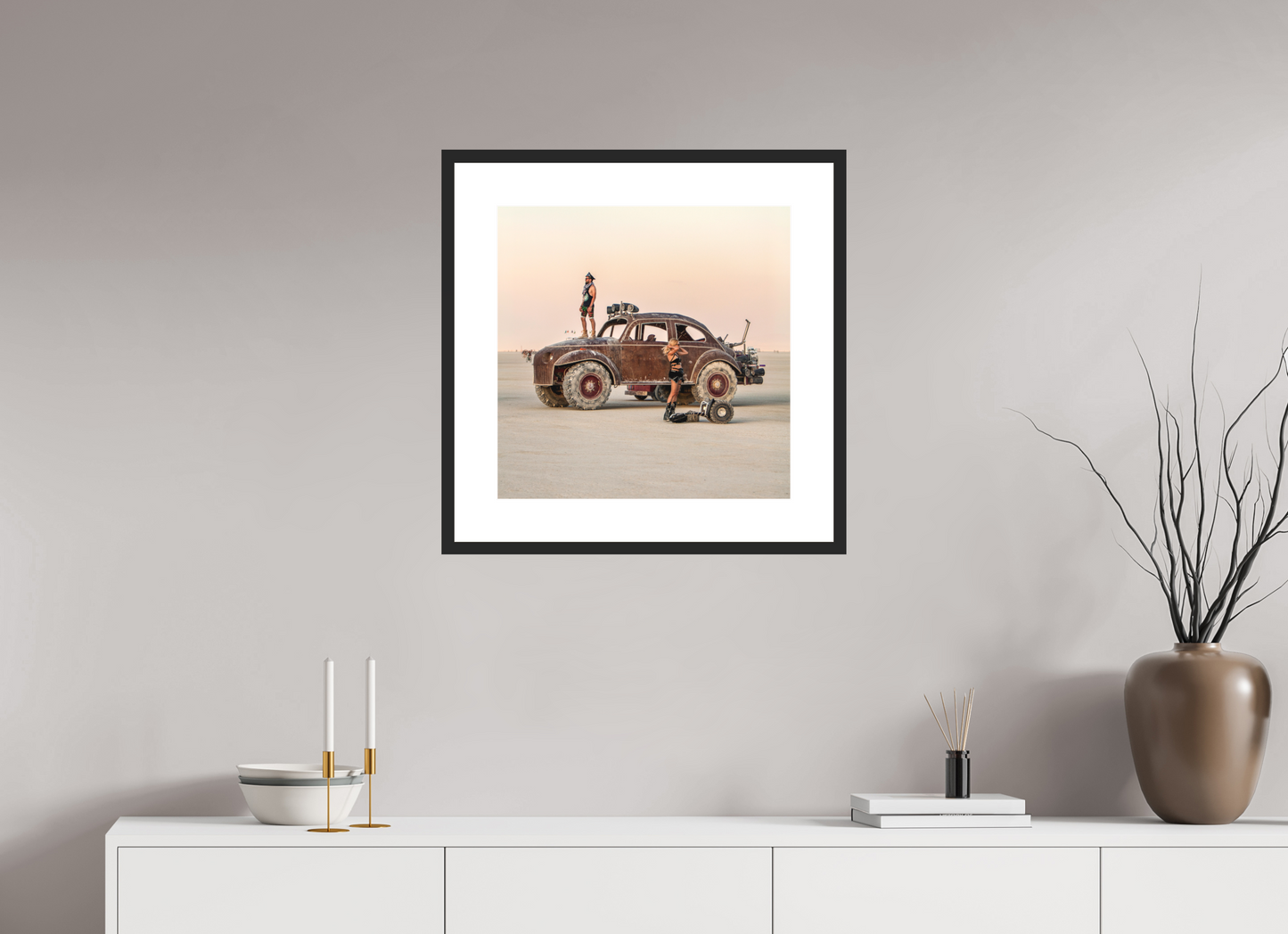 20 x 20″, Solid 0.8" Black Wood Frame With 3" Natural White Passe-Partout with Museum Glass Burning Man - Large VW Art Car (square format)