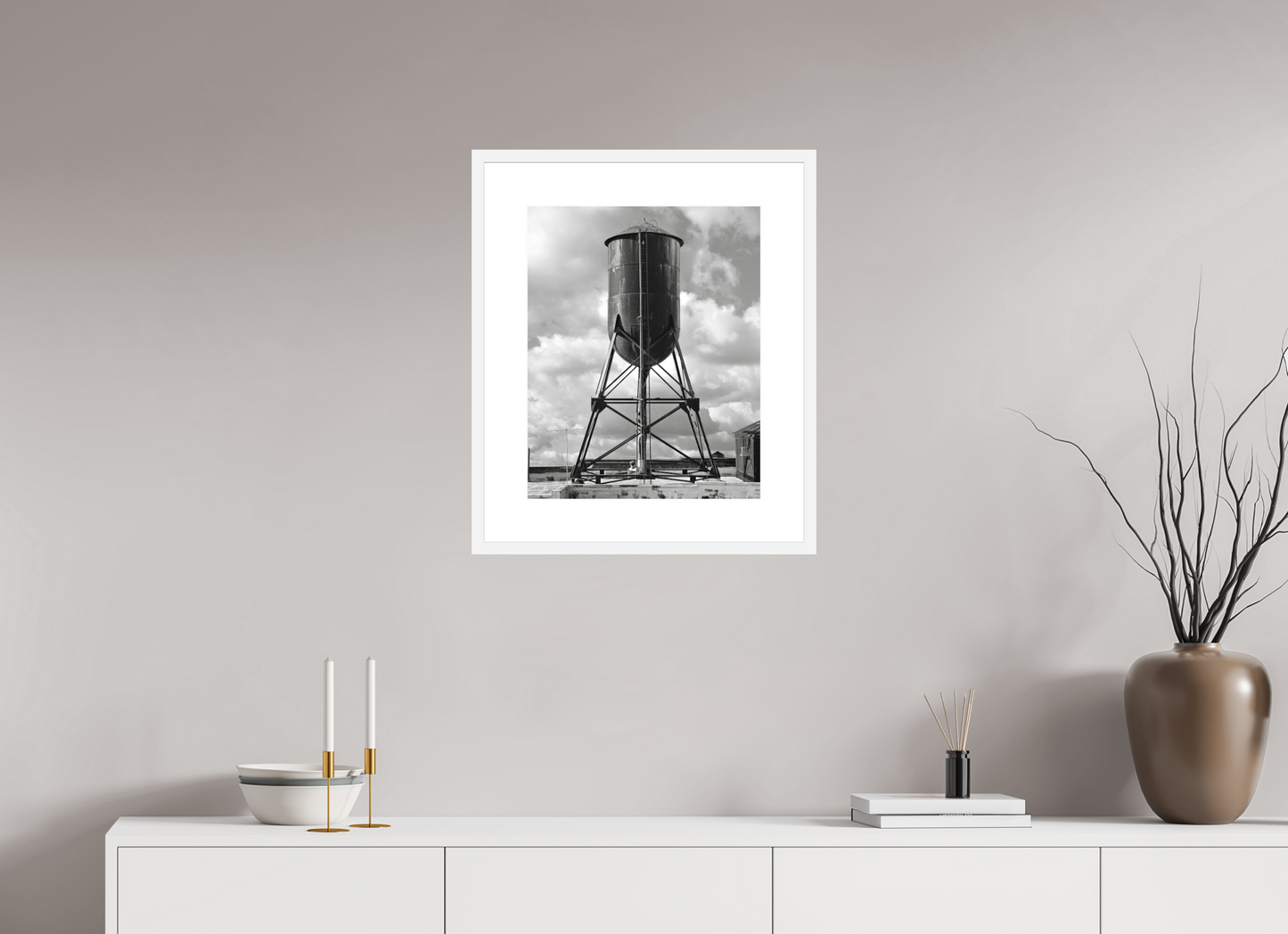 16 x 20″, Solid 0.8" White Wood Frame With 3" Natural White Passe-Partout with Museum Glass Black Water Tower
