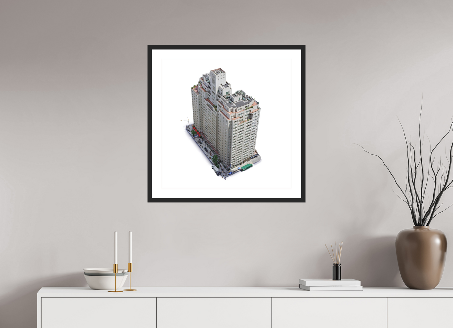 25 x 25″, Solid 0.8" Black Wood Frame With 2" Natural White Passe-Partout with Museum Glass New York City Apartment  Building