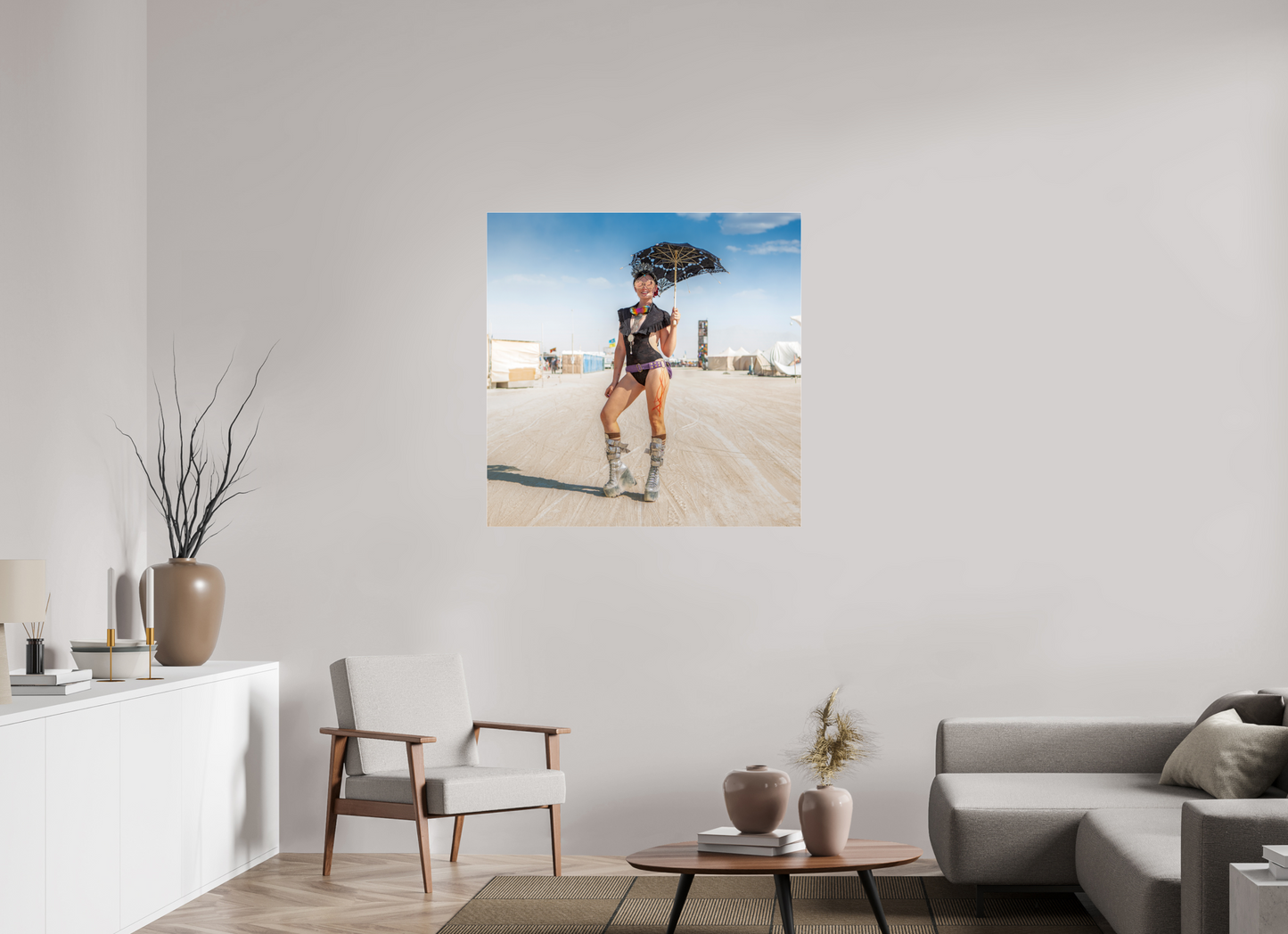40 x 40″, Frameless Acrylic Glass Burning Man - Attendee with Parasol