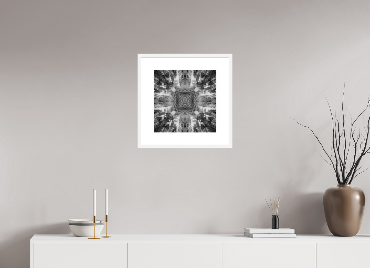 15 x 15″, Solid 0.8" White Wood Frame With 3" Natural White Passe-Partout with Museum Glass Architectual Abstraction