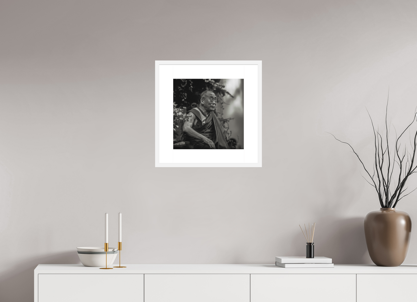 15 x 15″, Solid 0.8" White Wood Frame With 3" Natural White Passe-Partout with Museum Glass His Holiness the Dalai Lama