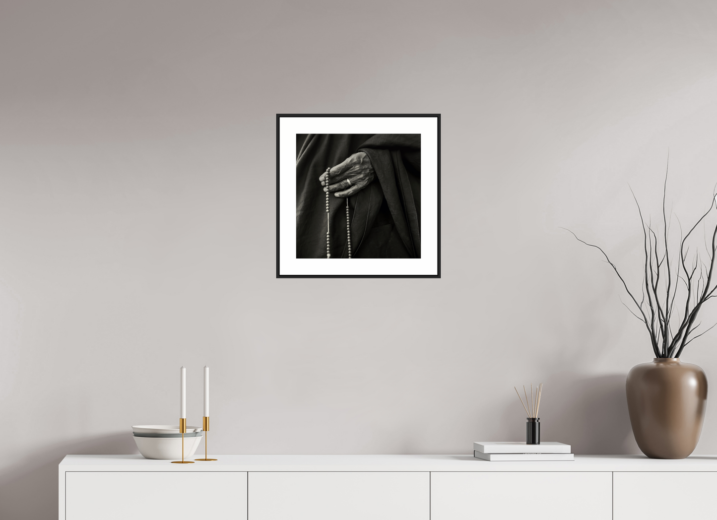 15 x 15″, Black Matte Frame Tibetan Monk Hand with Prayer Beads