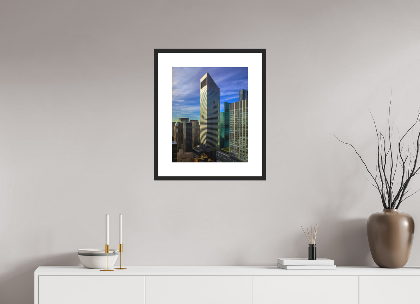 16 x 20″, Solid 0.8" Black Wood Frame With 3" Natural White Passe-Partout with Museum Glass CitiCorp Tower