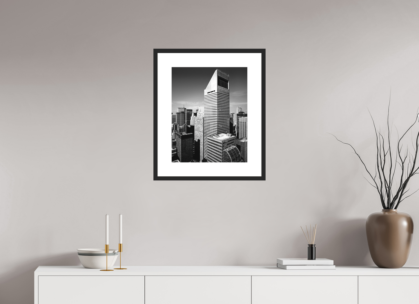 16 x 20″, Solid 0.8" Black Wood Frame With 3" Natural White Passe-Partout with Museum Glass Citigroup Tower