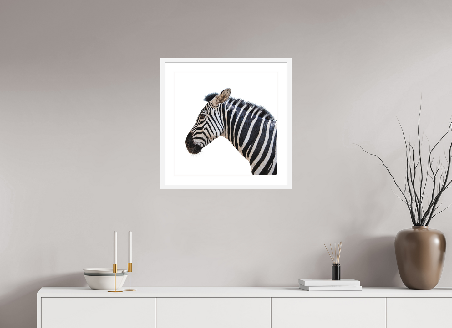 20 x 20″, Solid 0.8" White Wood Frame With 2" Natural White Passe-Partout with Museum Glass Zebra