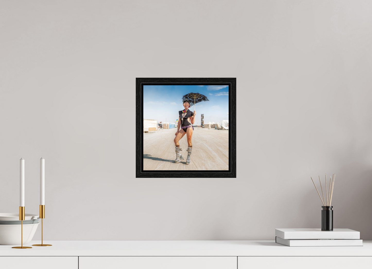 10 x 10″, Floater Frame Burning Man - Attendee with Parasol