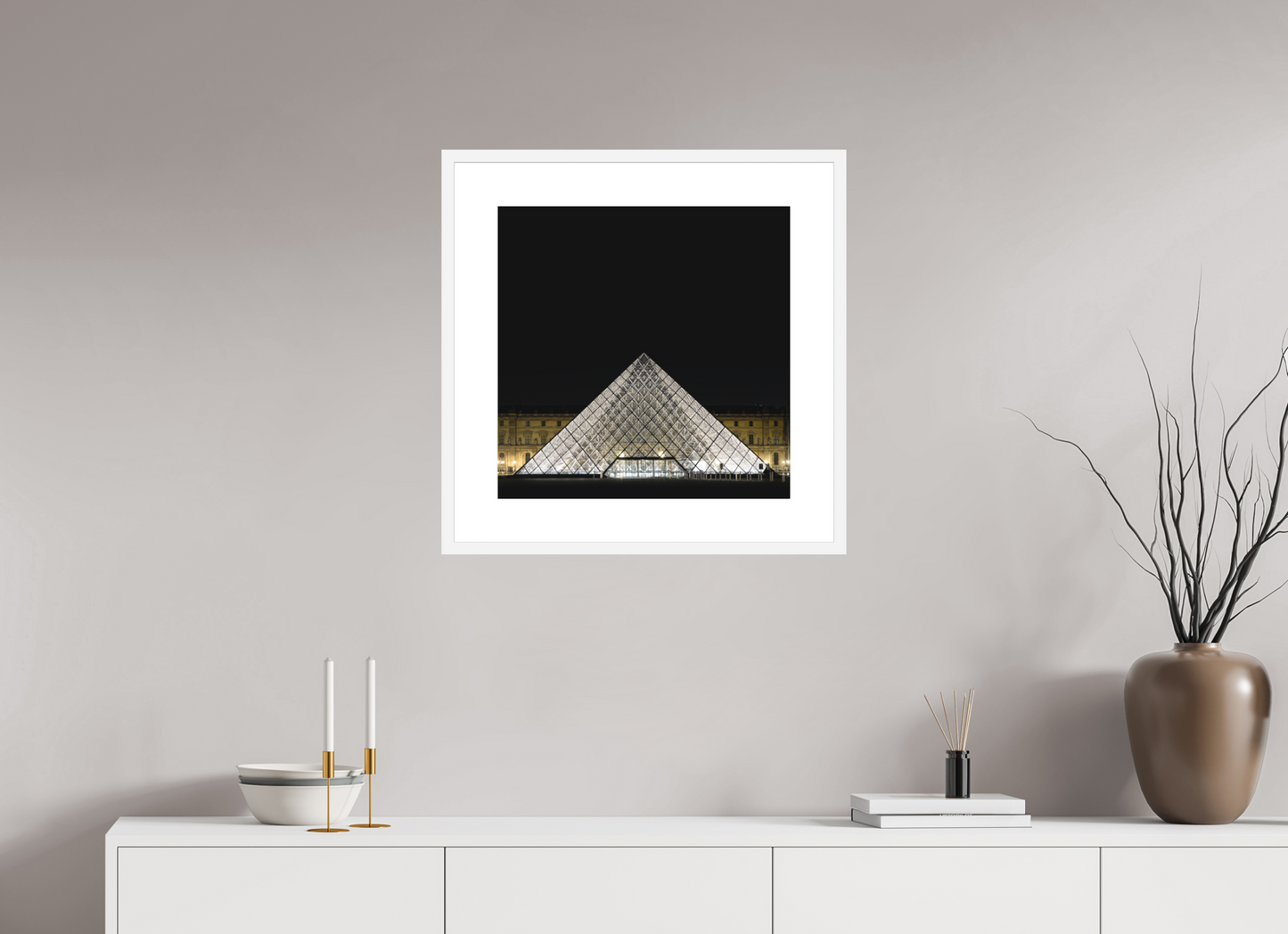 20 x 20″, Solid 0.8" White Wood Frame With 3" Natural White Passe-Partout with Museum Glass The Louvre Pyramid