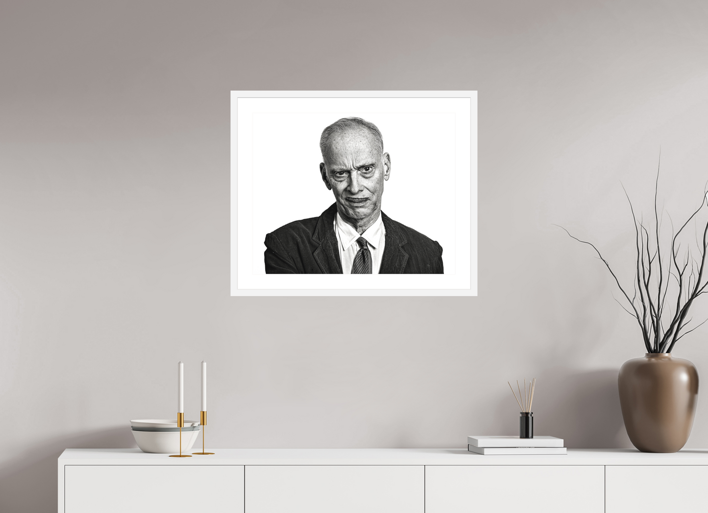 25 x 20″, Solid 0.8" White Wood Frame With 2" Natural White Passe-Partout with Museum Glass Director John Waters Grimacing