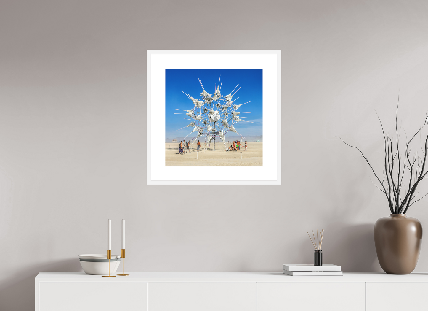 20 x 20″, Solid 0.8" White Wood Frame With 3" Natural White Passe-Partout with Museum Glass Burning Man - Gathering at Radia Lumia (square format)