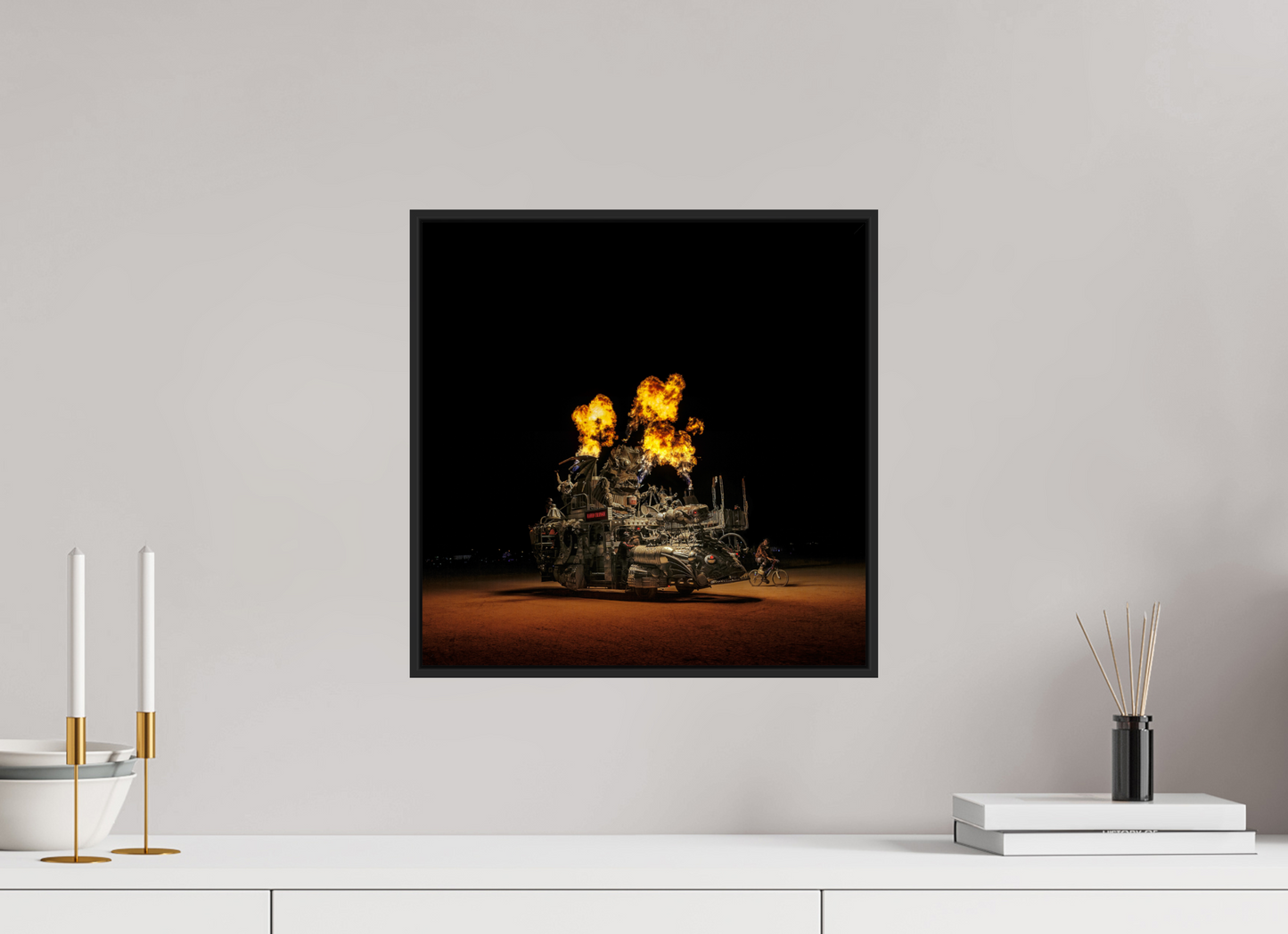 15 x 15″, Black Matte Frame, No Border Burning Man - Art Car Rabid Transit