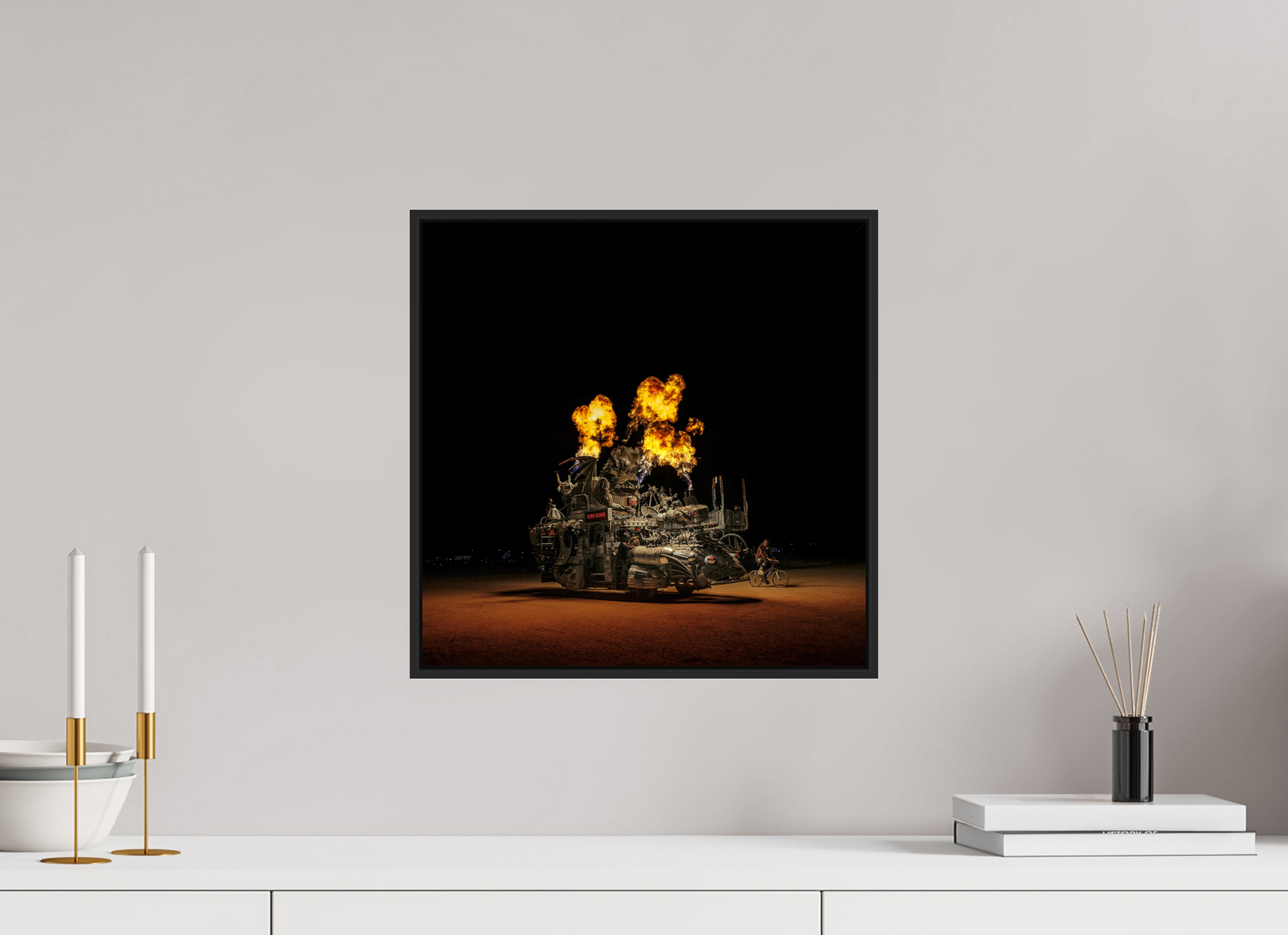 15 x 15″, Black Matte Frame, No Border Burning Man - Art Car Rabid Transit