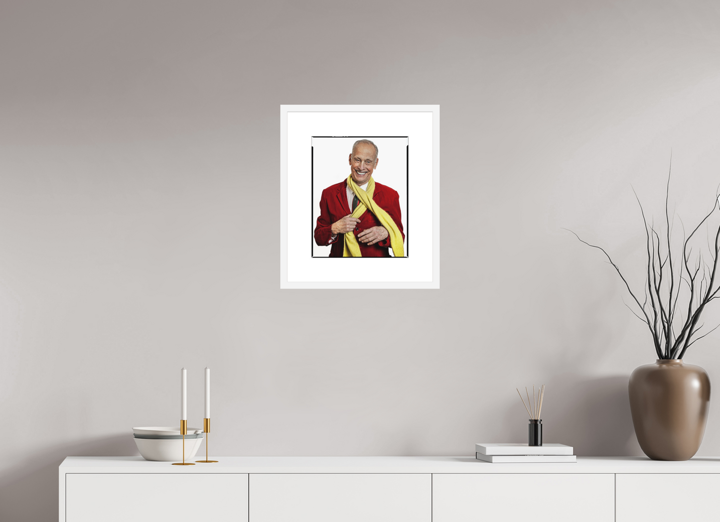 12 x 15″, Solid 0.8" White Wood Frame With 3" Natural White Passe-Partout with Museum Glass Director John Waters in Red Jacket