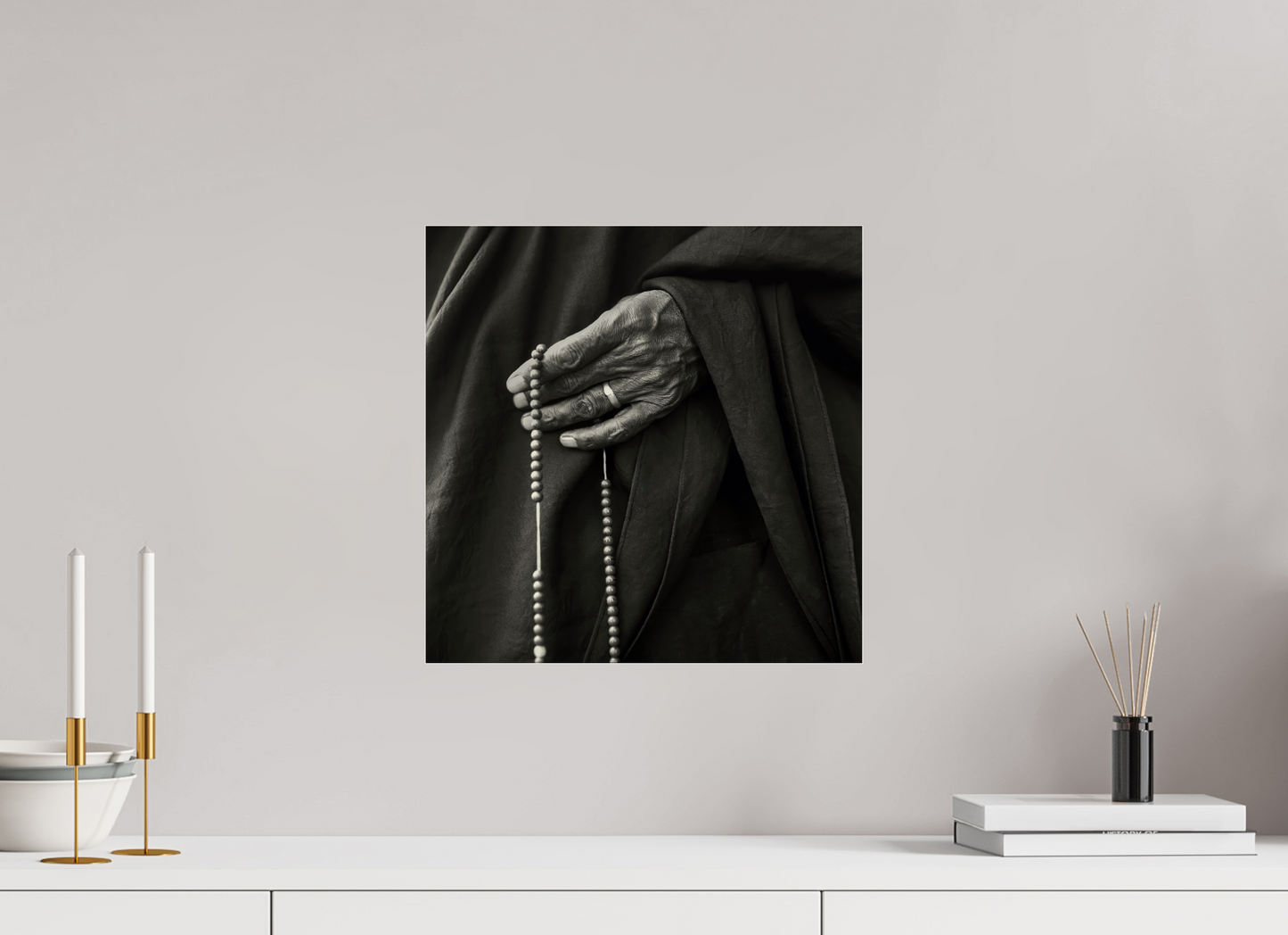 15 x 15″, Frameless Acrylic Glass Tibetan Monk Hand with Prayer Beads