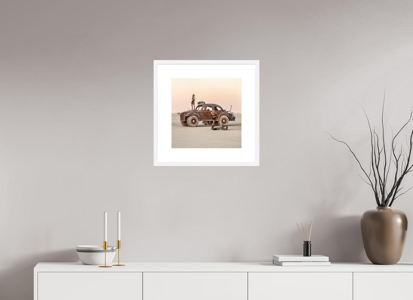 15 x 15″, Solid 0.8" White Wood Frame With 3" Natural White Passe-Partout with Museum Glass Burning Man - Large VW Art Car (square format)