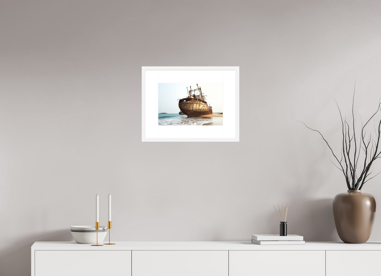 15 x 10″, Solid 0.8" White Wood Frame With 3" Natural White Passe-Partout with Museum Glass Grounded Ships Angola