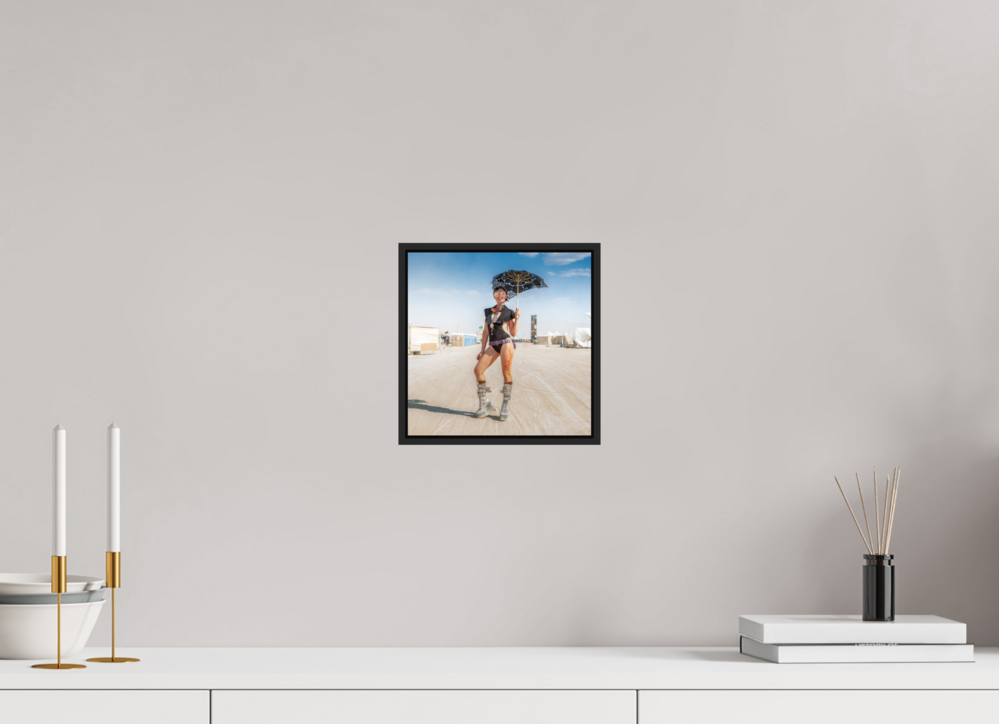8 x 8″, Black Matte Frame, No Border Burning Man - Attendee with Parasol