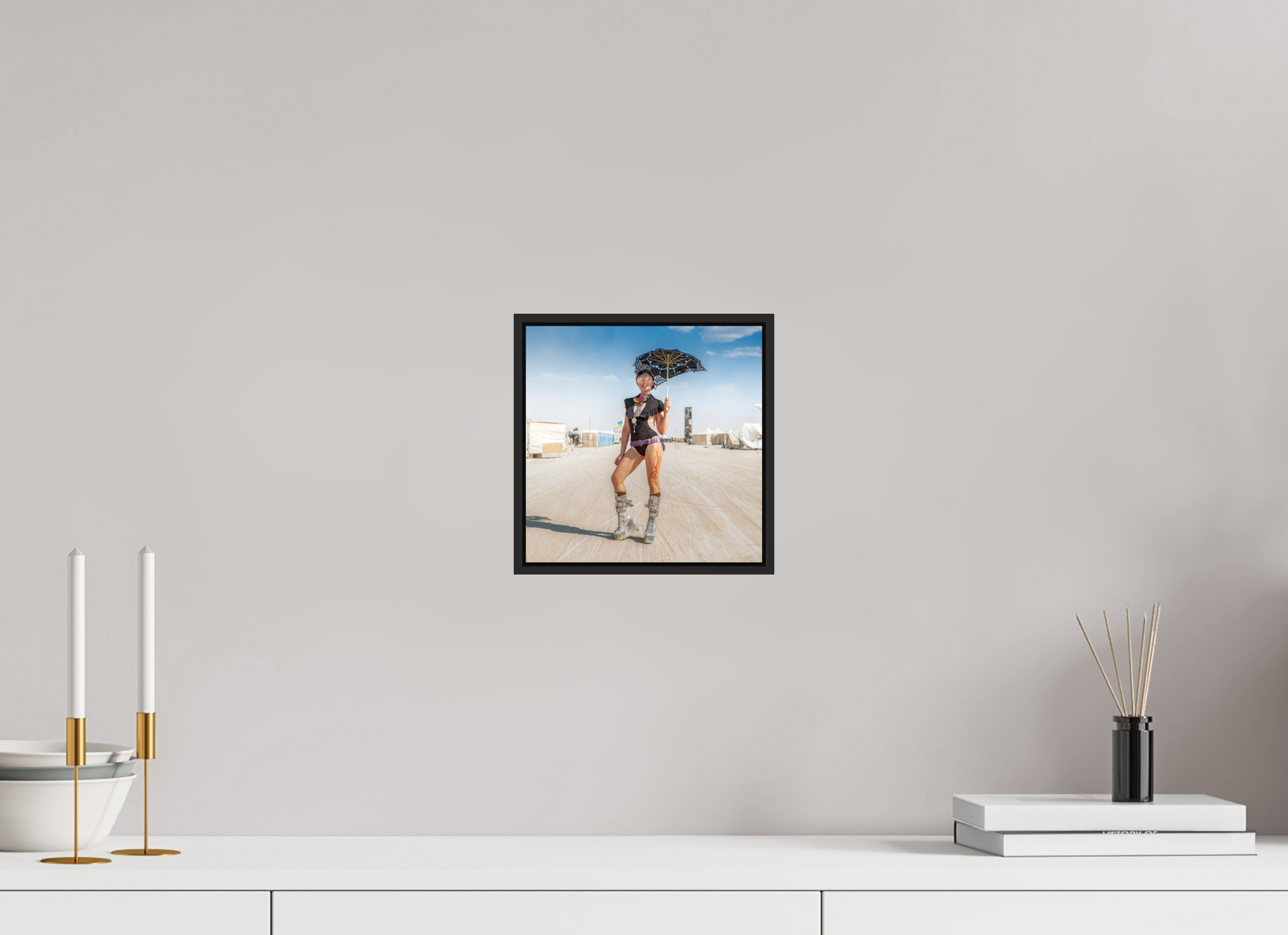 8 x 8″, Black Matte Frame, No Border Burning Man - Attendee with Parasol