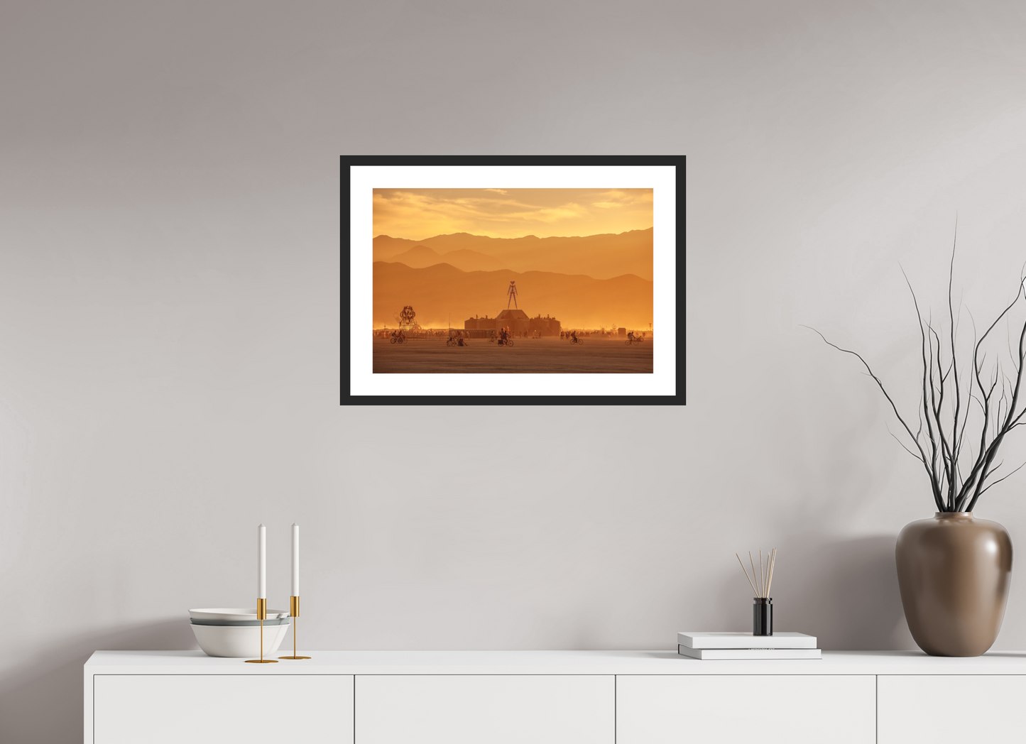 24 x 16″, Solid 0.8" Black Wood Frame With 2" Natural White Passe-Partout with Museum Glass Burning Man - Burning Man and Mountains