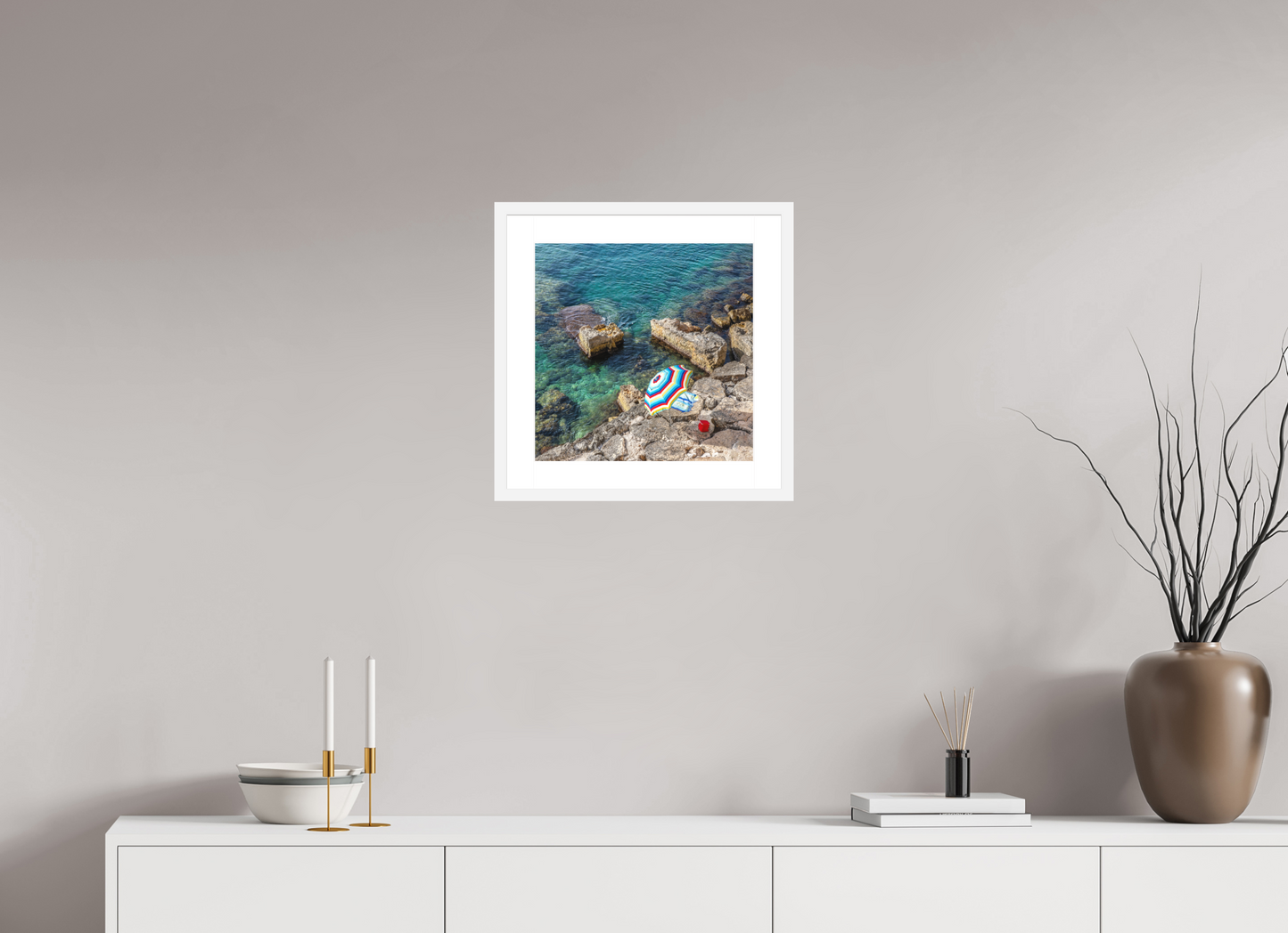 15 x 15″, Solid 0.8" White Wood Frame With 2" Natural White Passe-Partout with Museum Glass Monopoli Beach