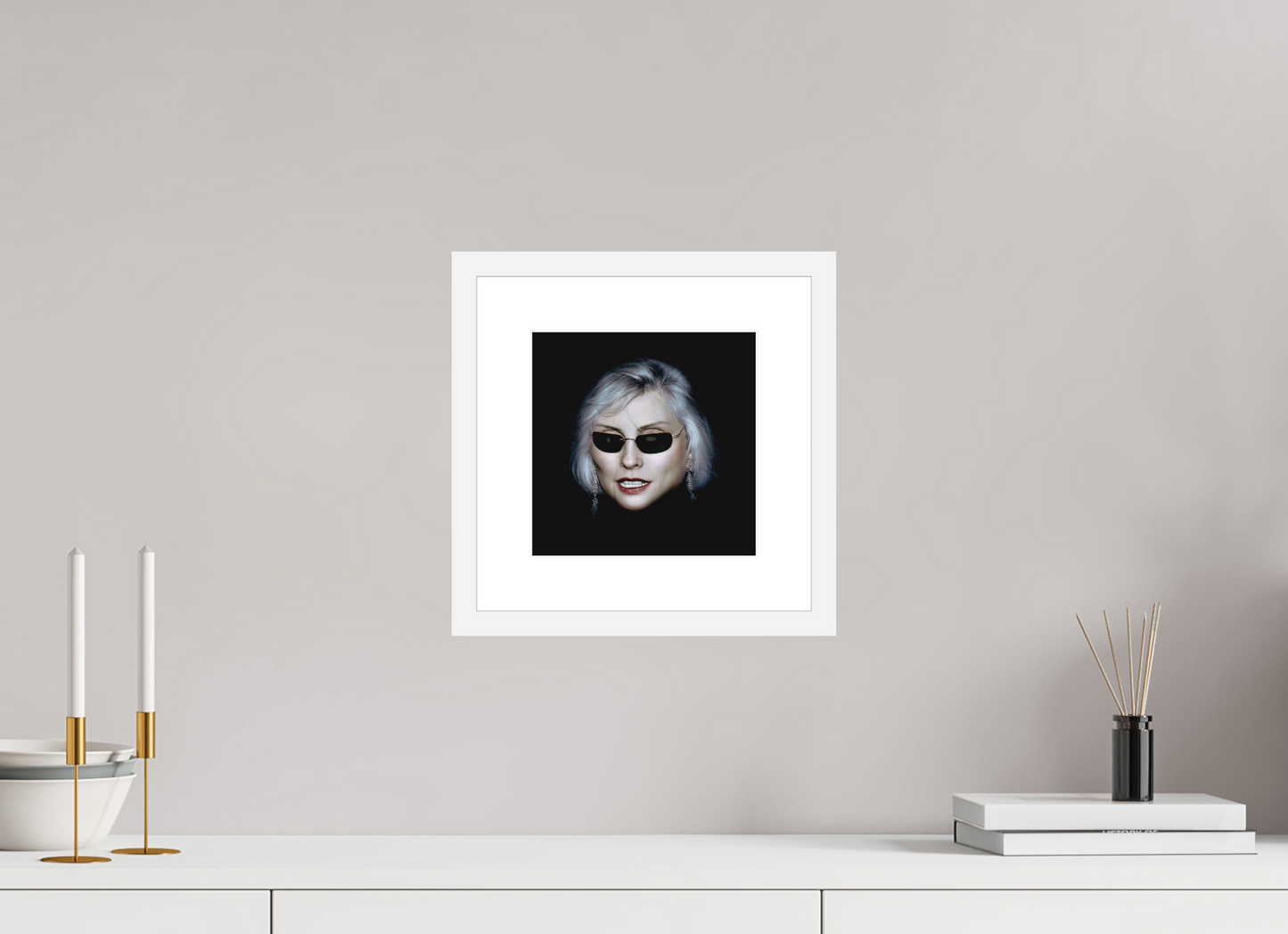 8 x 8″, Solid 0.8" White Wood Frame With 2" Natural White Passe-Partout with Museum Glass Debbie Harry Wearing Glasses