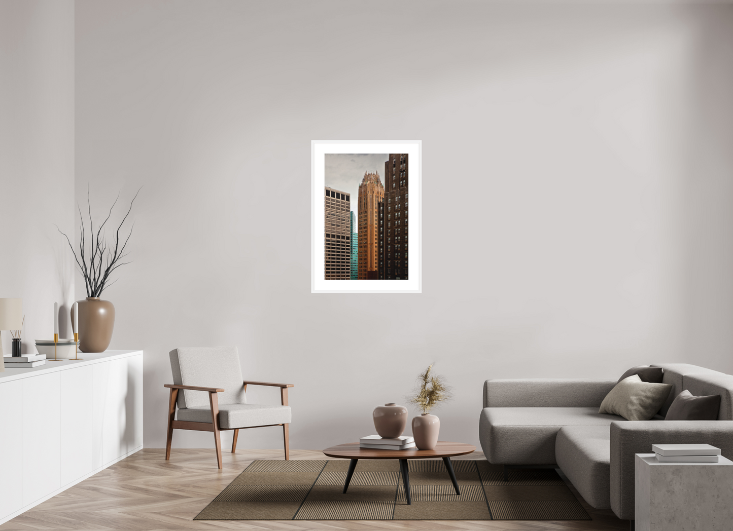 24 x 36″, Solid 0.8" White Wood Frame With 3" Natural White Passe-Partout with Museum Glass General Electric Building