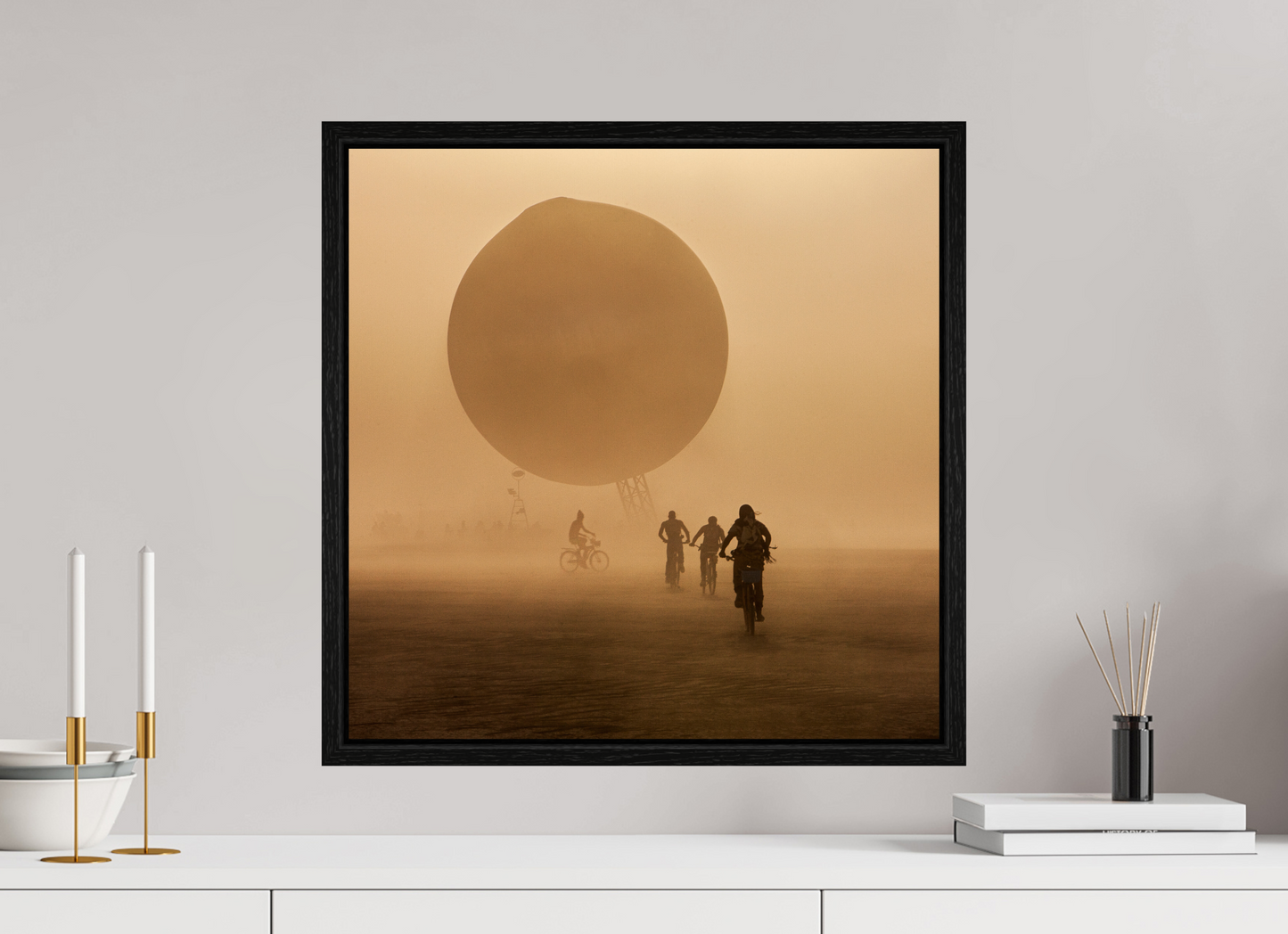 20 x 20″, Floater Frame Burning Man - Weather Balloon and Bikers