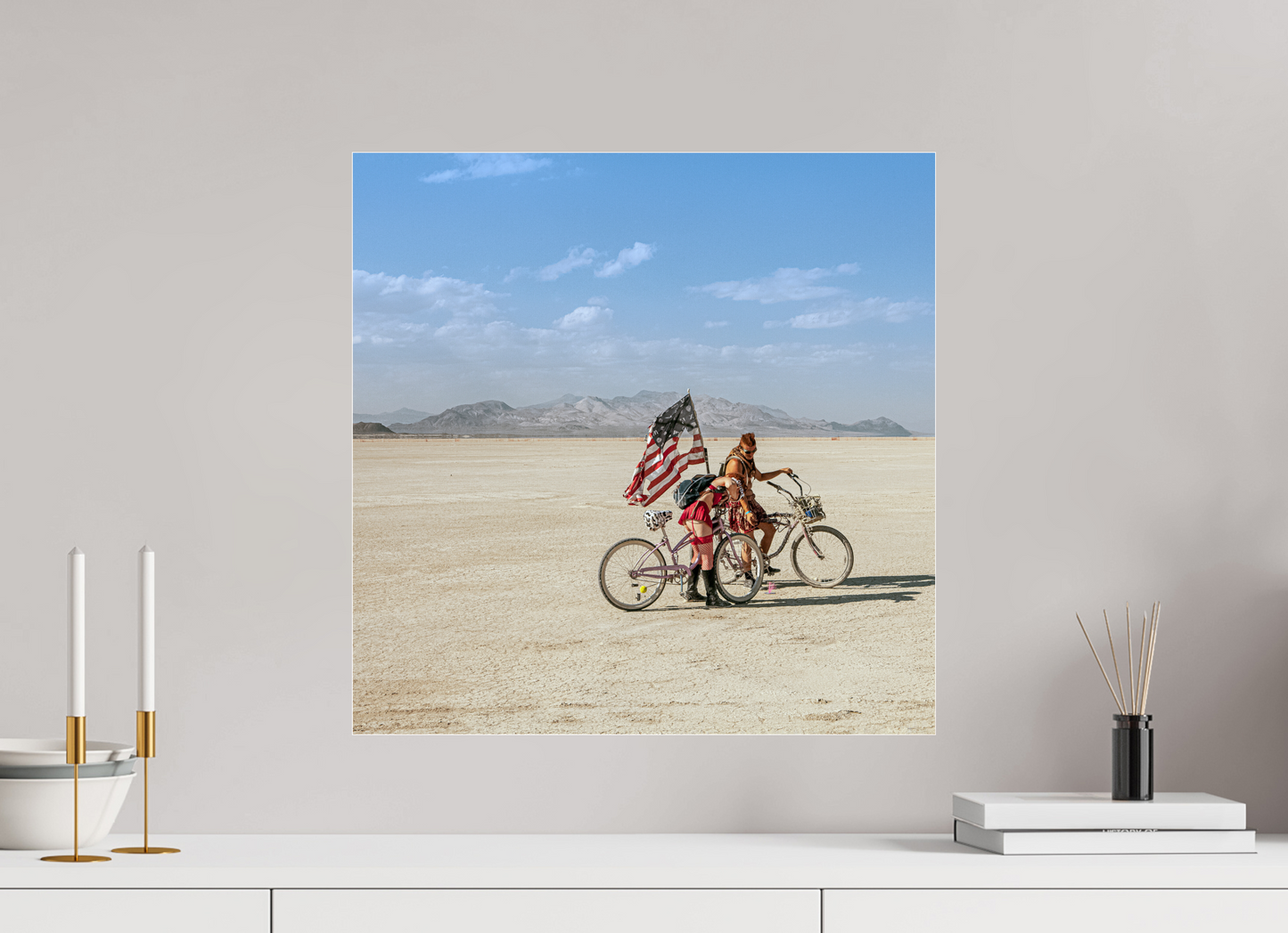 20 x 20″, Frameless Acrylic Glass Burning Man - Two with Bikes and USA Flag