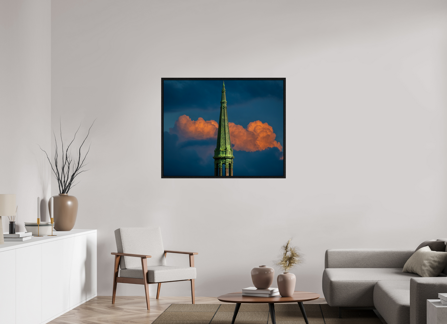 43.7 x 35″, Floater Frame Orange Clouds and Green Tower