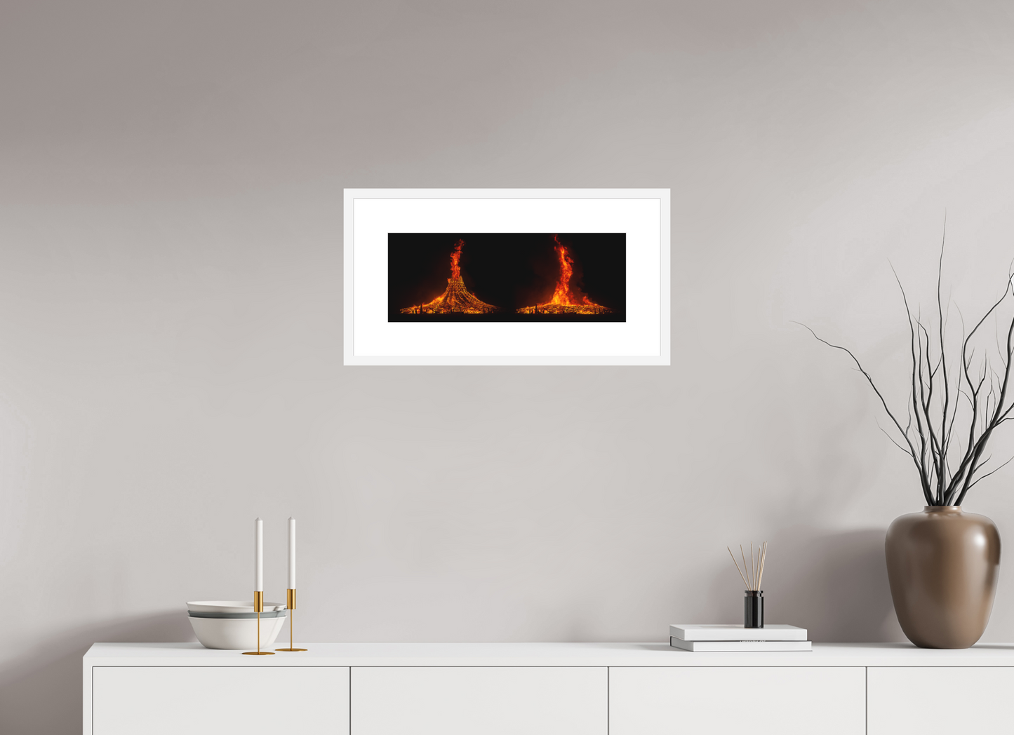 20.7 x 8″, Solid 0.8" White Wood Frame With 3" Natural White Passe-Partout with Museum Glass Burning Man - Temple Burn