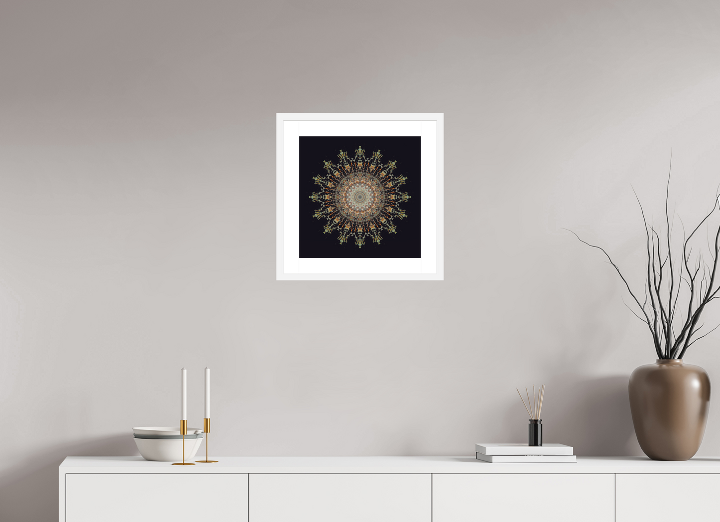 15 x 15″, Solid 0.8" White Wood Frame With 2" Natural White Passe-Partout with Museum Glass Water Mandala No. 4092