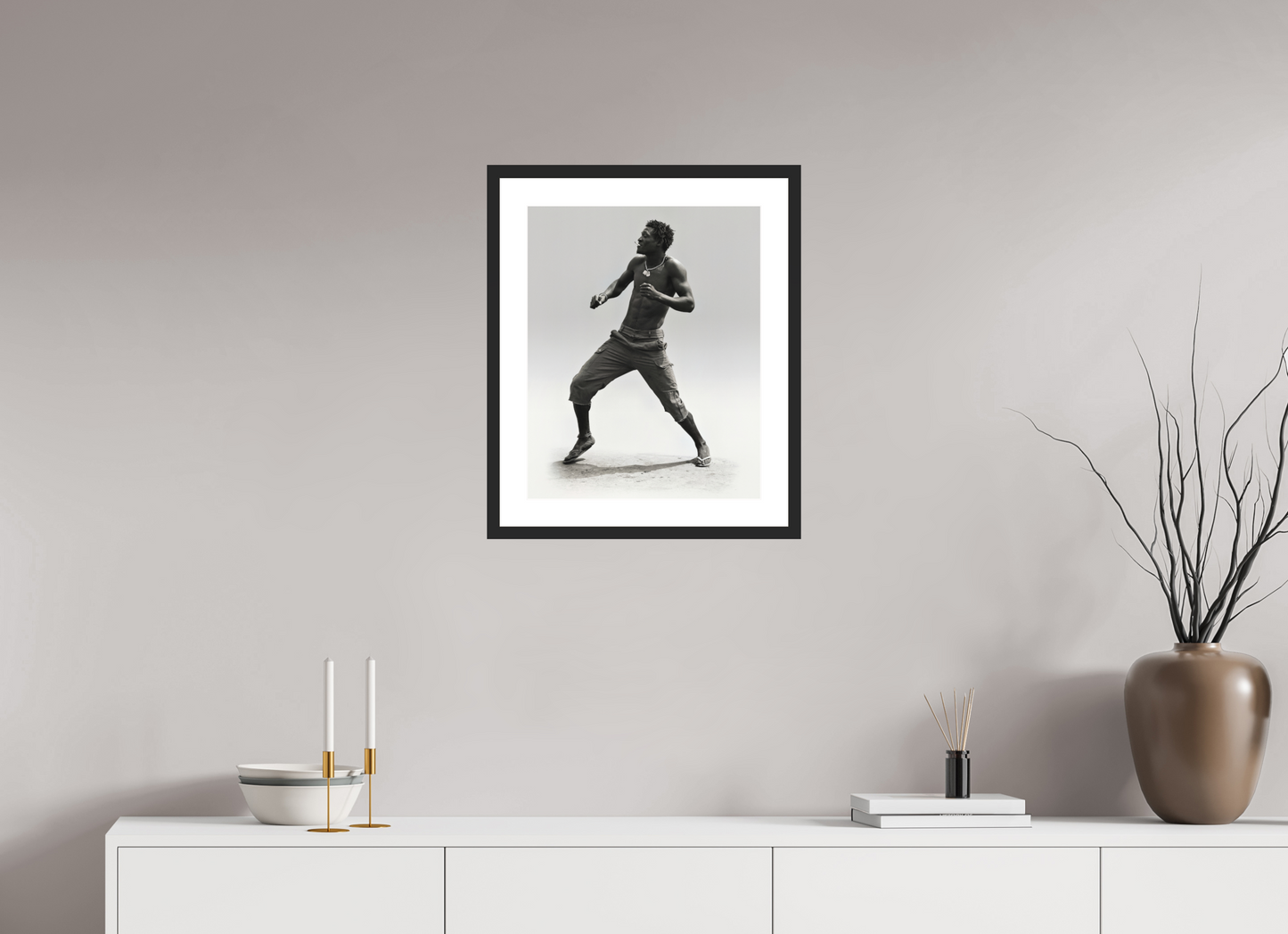 16 x 20″, Solid 0.8" Black Wood Frame With 2" Natural White Passe-Partout with Museum Glass Angolan Man Dancing