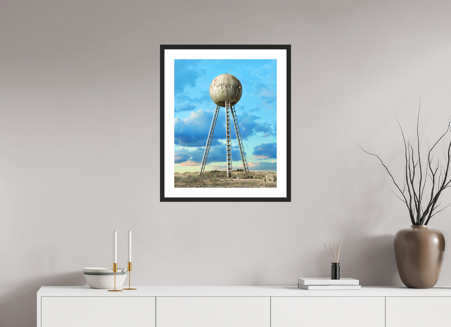 20 x 25″, Solid 0.8" Black Wood Frame With 2" Natural White Passe-Partout with Museum Glass Spherical Water Tower - Mexico