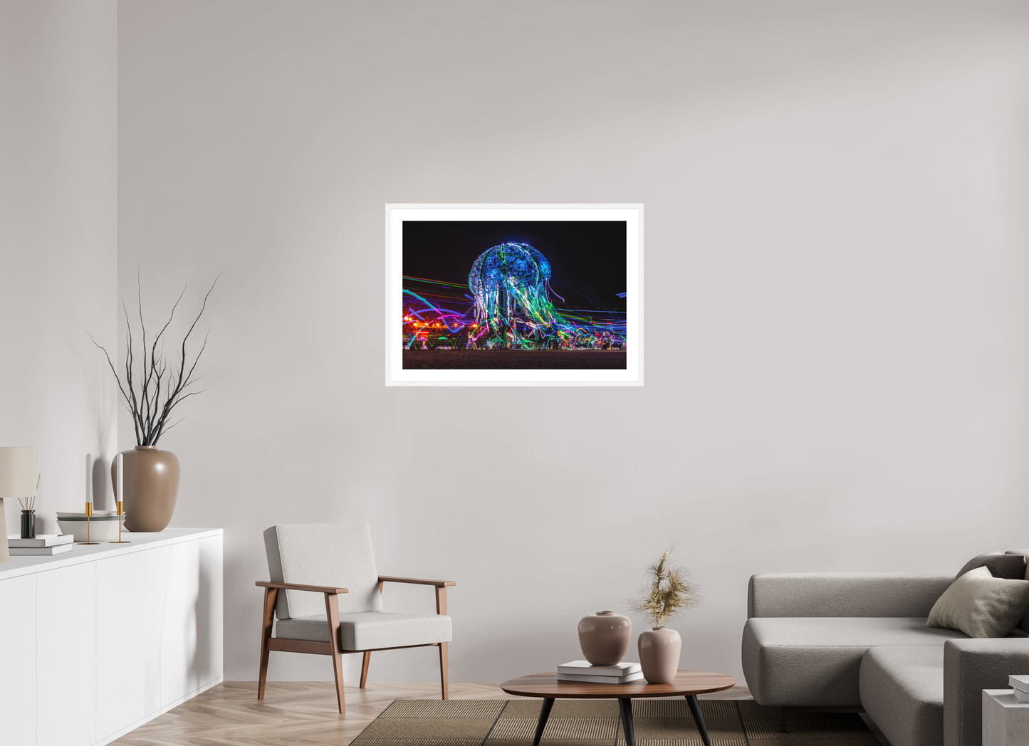 36 x 24″, Solid 0.8" White Wood Frame With 2" Natural White Passe-Partout with Museum Glass Burning Man - Glass Jellyfish