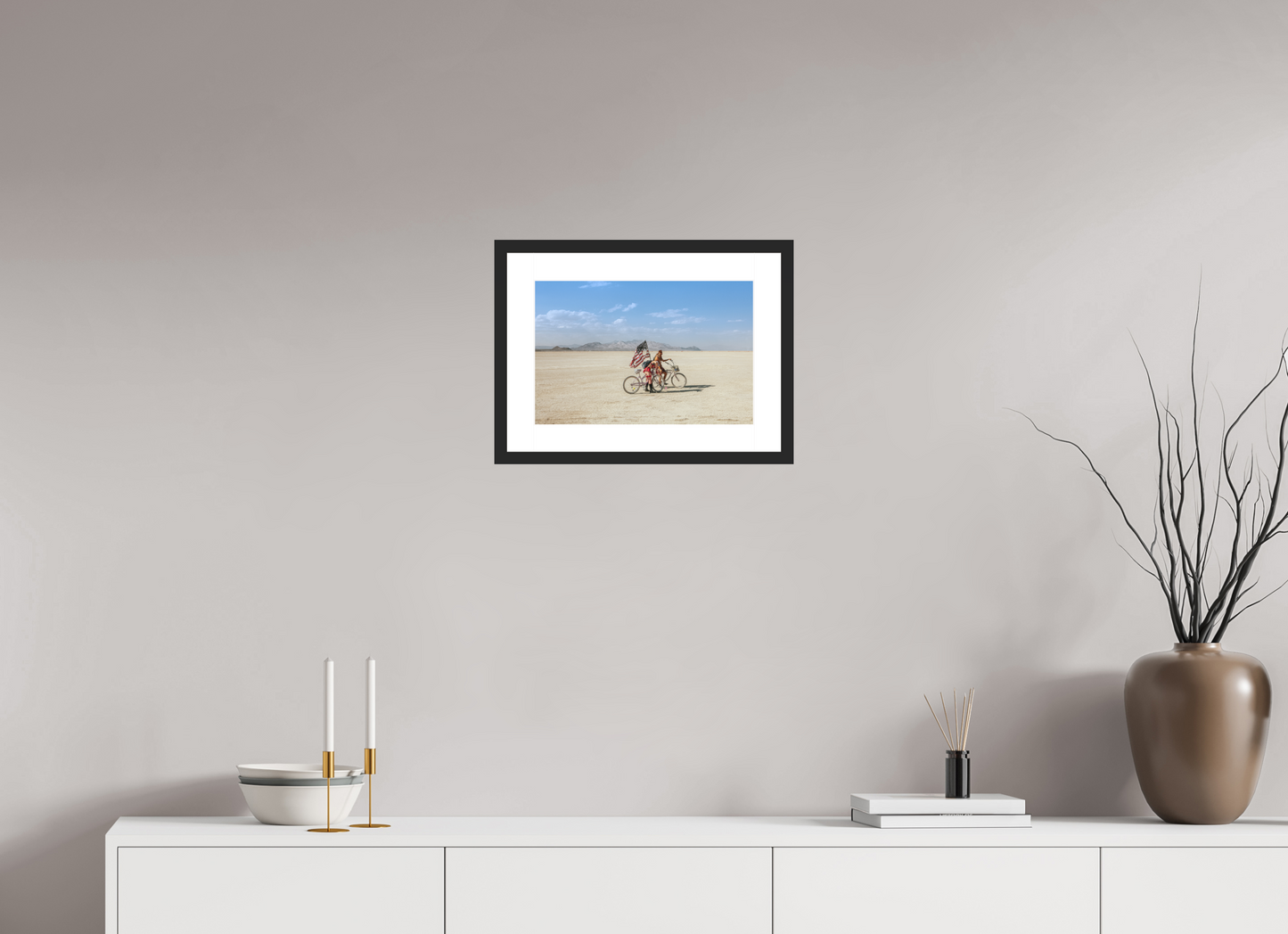 15 x 10″, Solid 0.8" Black Wood Frame With 2" Natural White Passe-Partout with Museum Glass Burning Man - Two with Bikes and USA Flag