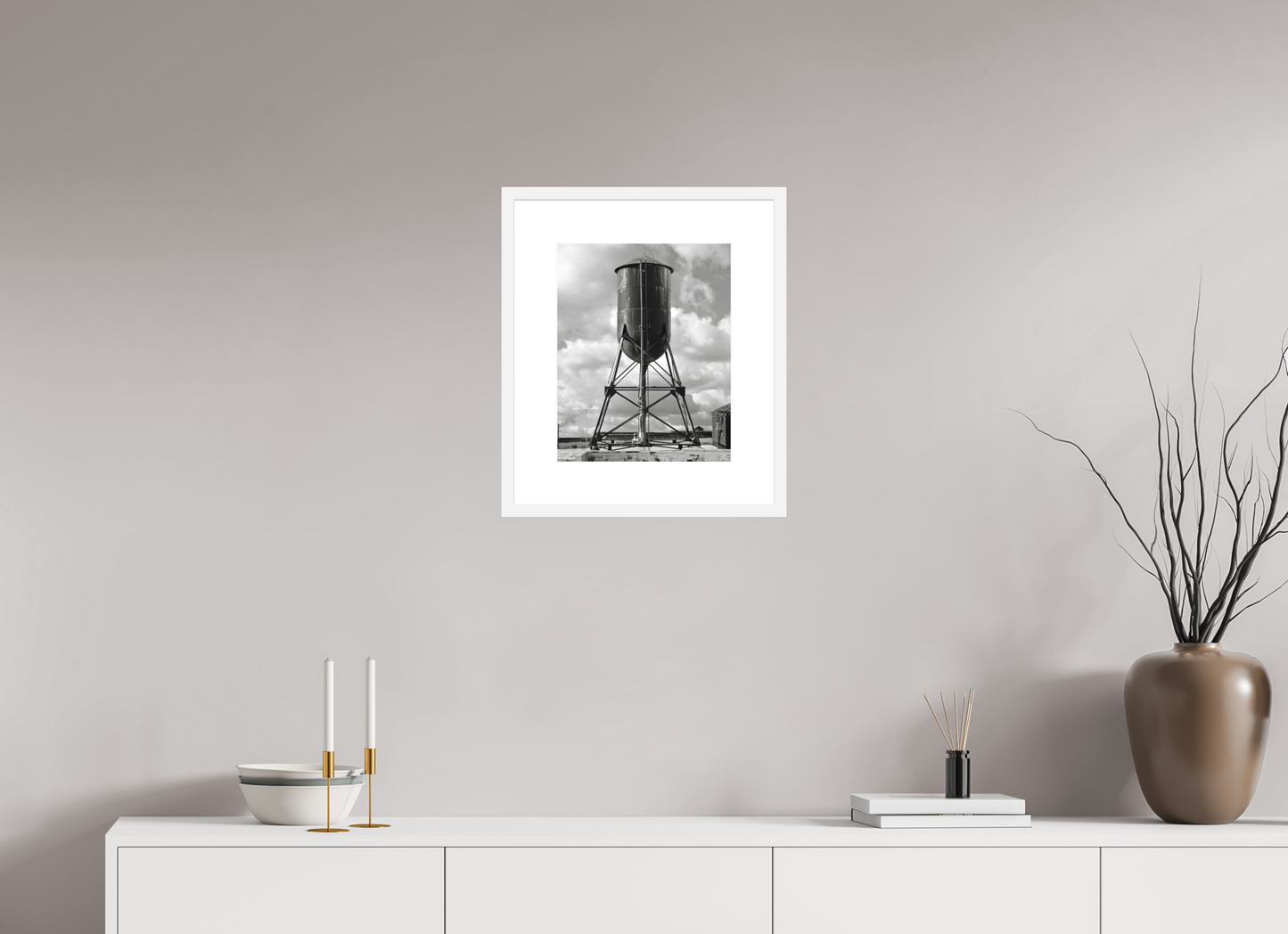 12 x 15″, Solid 0.8" White Wood Frame With 3" Natural White Passe-Partout with Museum Glass Black Water Tower