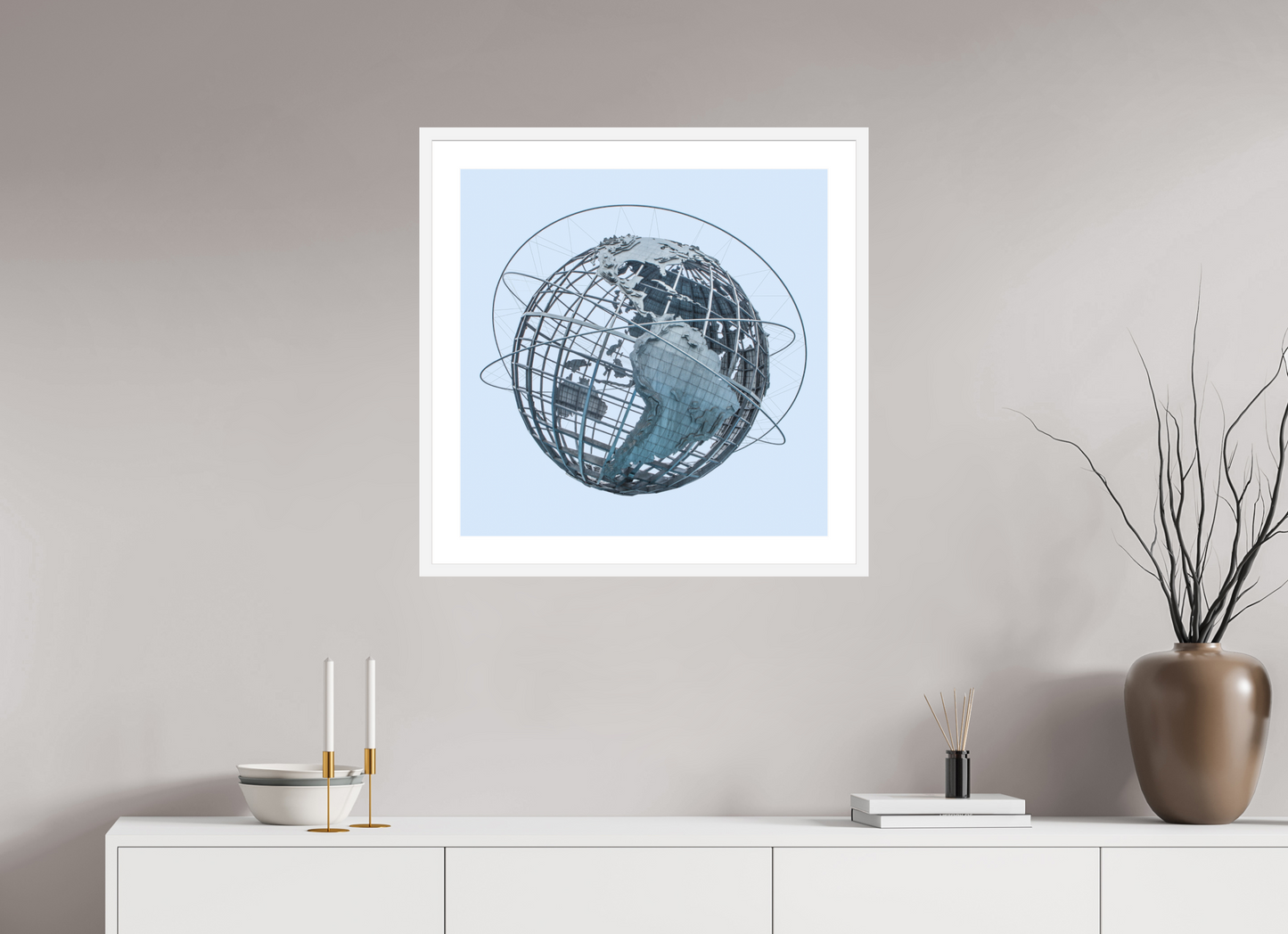 25 x 25″, Solid 0.8" White Wood Frame With 2" Natural White Passe-Partout with Museum Glass Unisphere