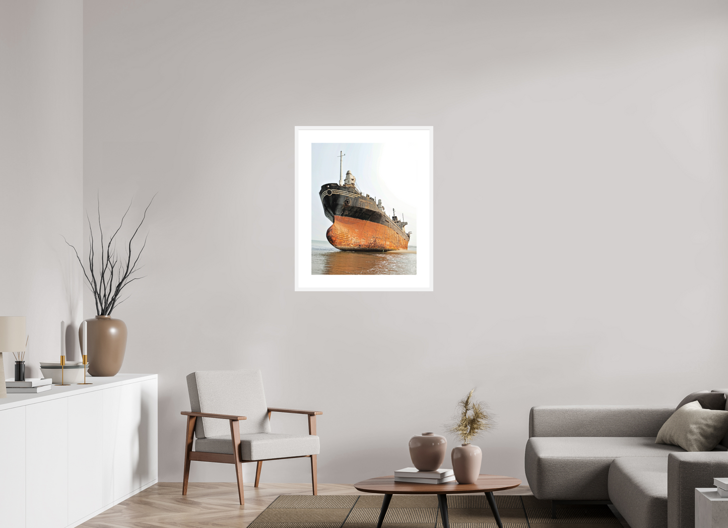 24 x 30″, Solid 0.8" White Wood Frame With 3" Natural White Passe-Partout with Museum Glass Beached Ship Angola