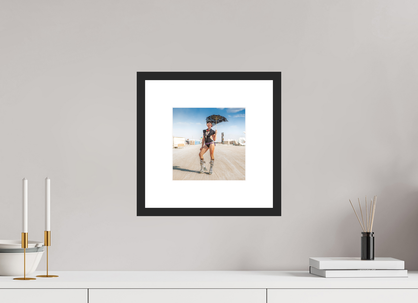 8 x 8″, Solid 0.8" Black Wood Frame With 3" Natural White Passe-Partout with Museum Glass Burning Man - Attendee with Parasol